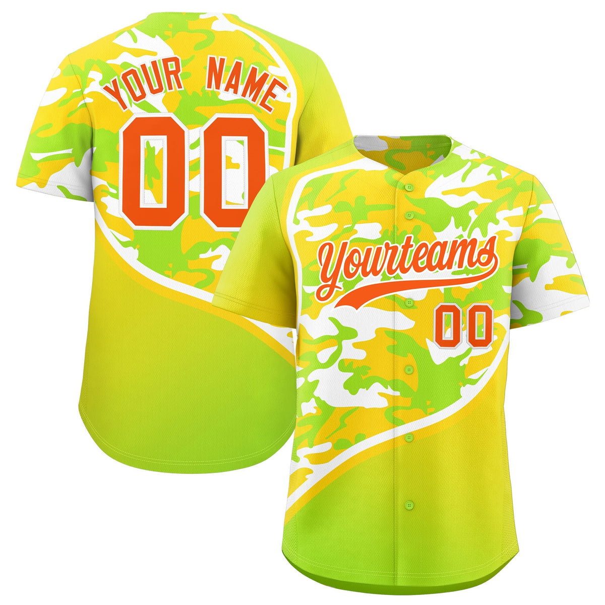 Custom Neon Green Gold White Camo Gradient Fashion Baseball Jersey | Perfect for Training,Sublimation Printed &amp; Stitched,Add Name and Numbern,Perfect for Teams | KXKSHOP