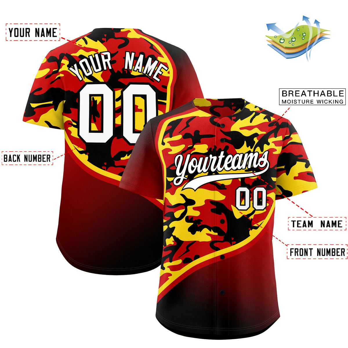 Custom Red Gold Black Camo Gradient Fashion Baseball Jersey | Perfect for Training,Sublimation Printed &amp; Stitched,Add Name and Numbern,Perfect for Teams | KXKSHOP