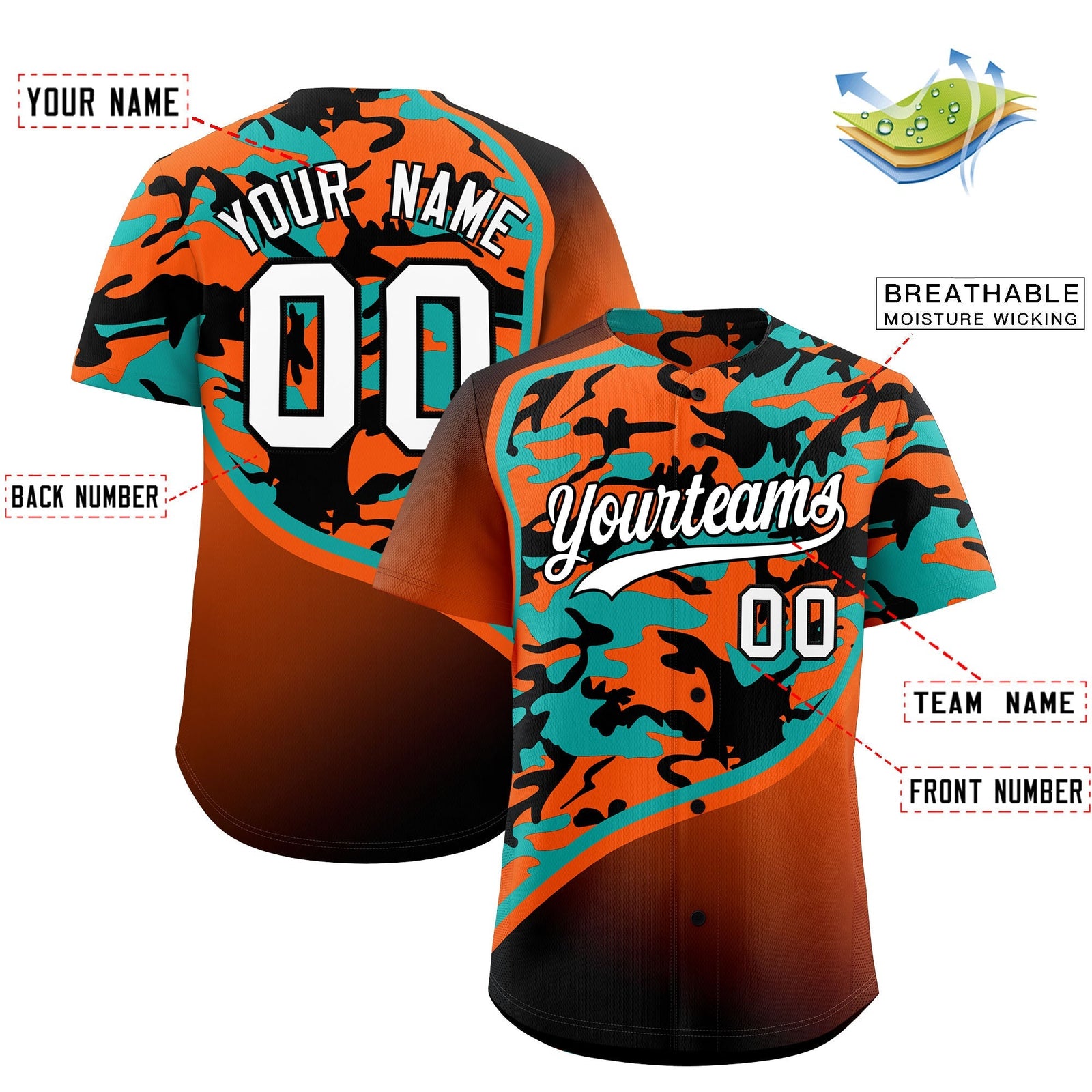 Custom Orange Aqua Black Camo Gradient Fashion Baseball Jersey | Perfect for Training,Sublimation Printed & Stitched,Add Name and Numbern,Perfect for Teams | KXKSHOP