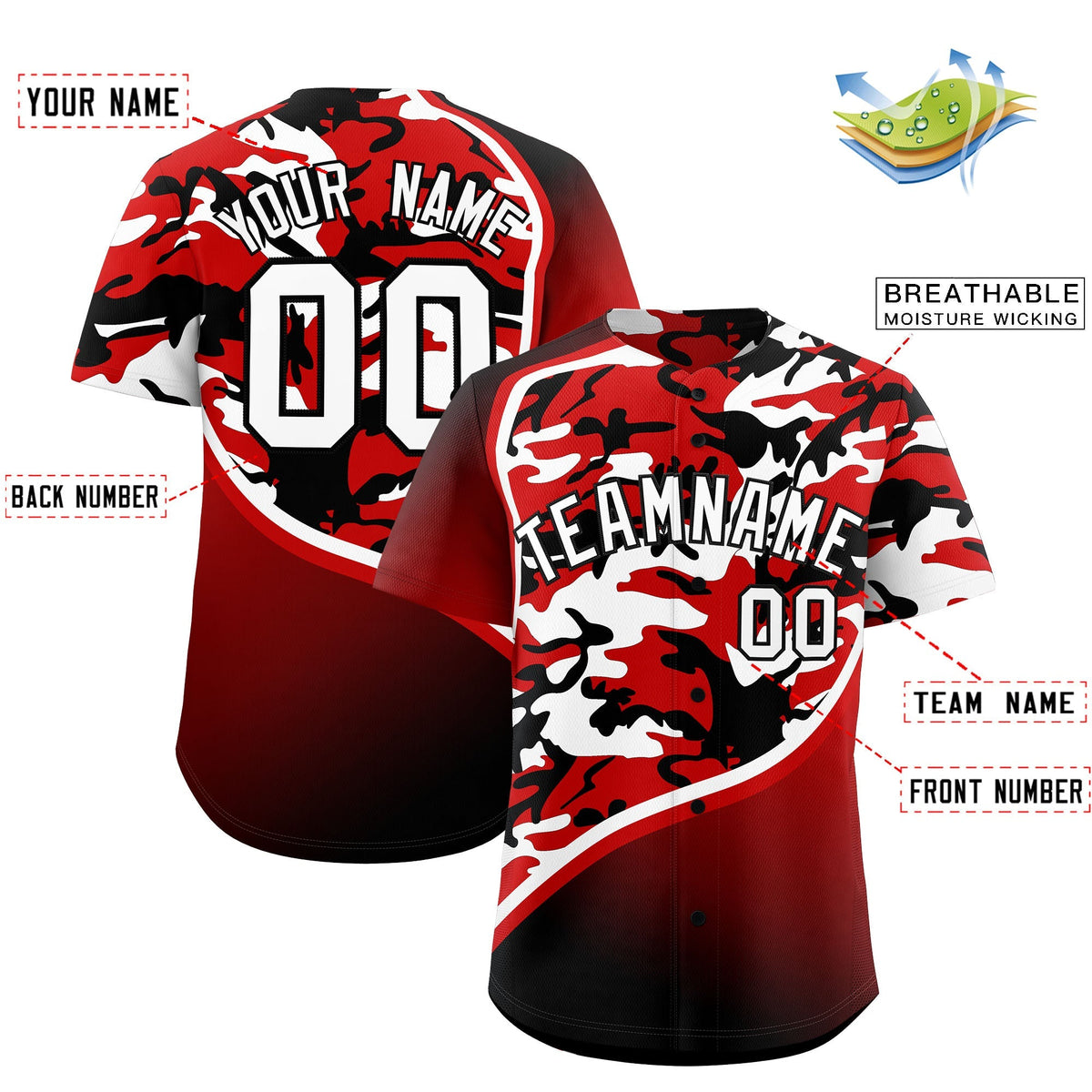Custom Black White Red Camo Gradient Fashion Baseball Jersey | Perfect for Training,Sublimation Printed &amp; Stitched,Add Name and Numbern,Perfect for Teams | KXKSHOP