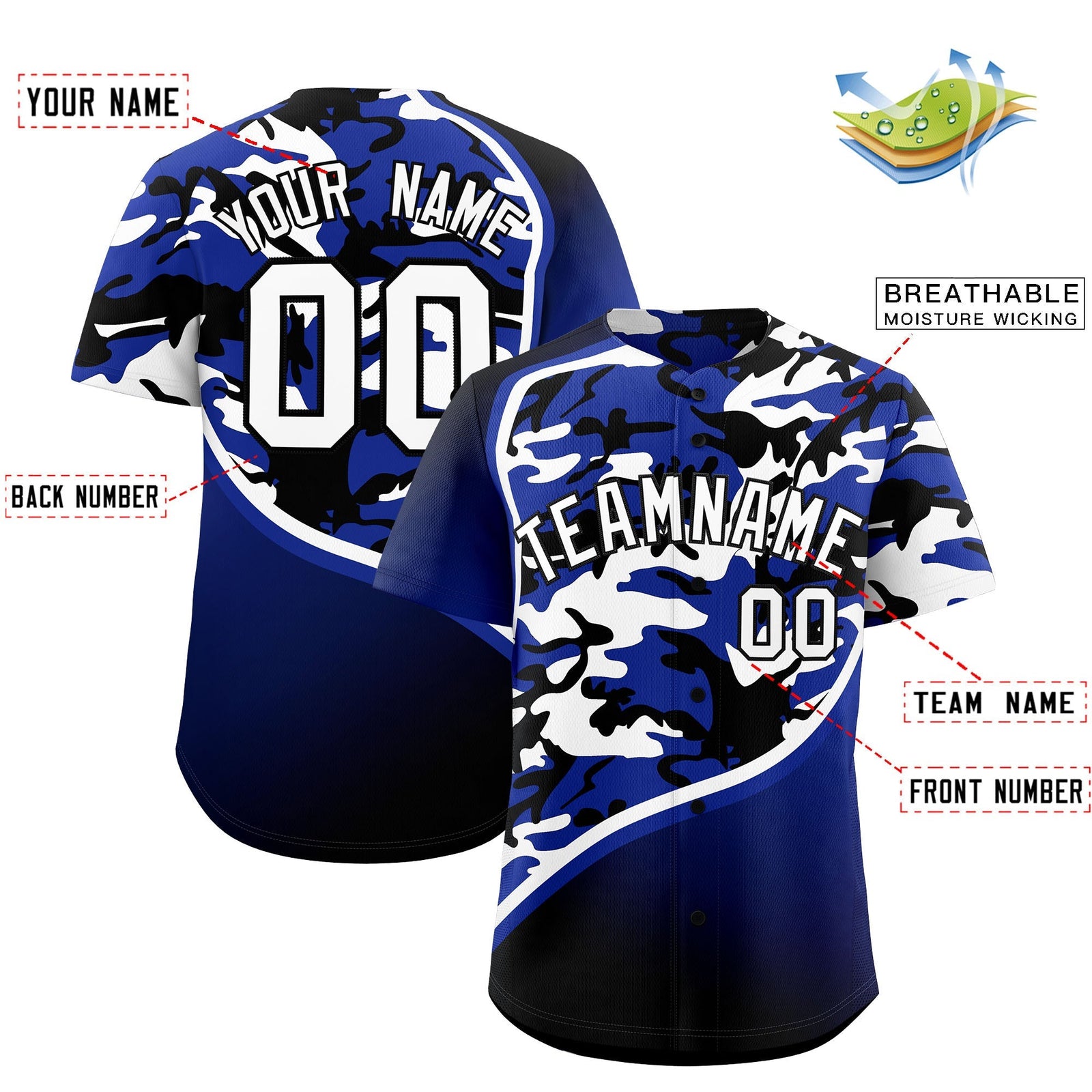 Custom Royal Blue Black White Camo Gradient Fashion Baseball Jersey | Perfect for Training,Sublimation Printed & Stitched,Add Name and Numbern,Perfect for Teams | KXKSHOP