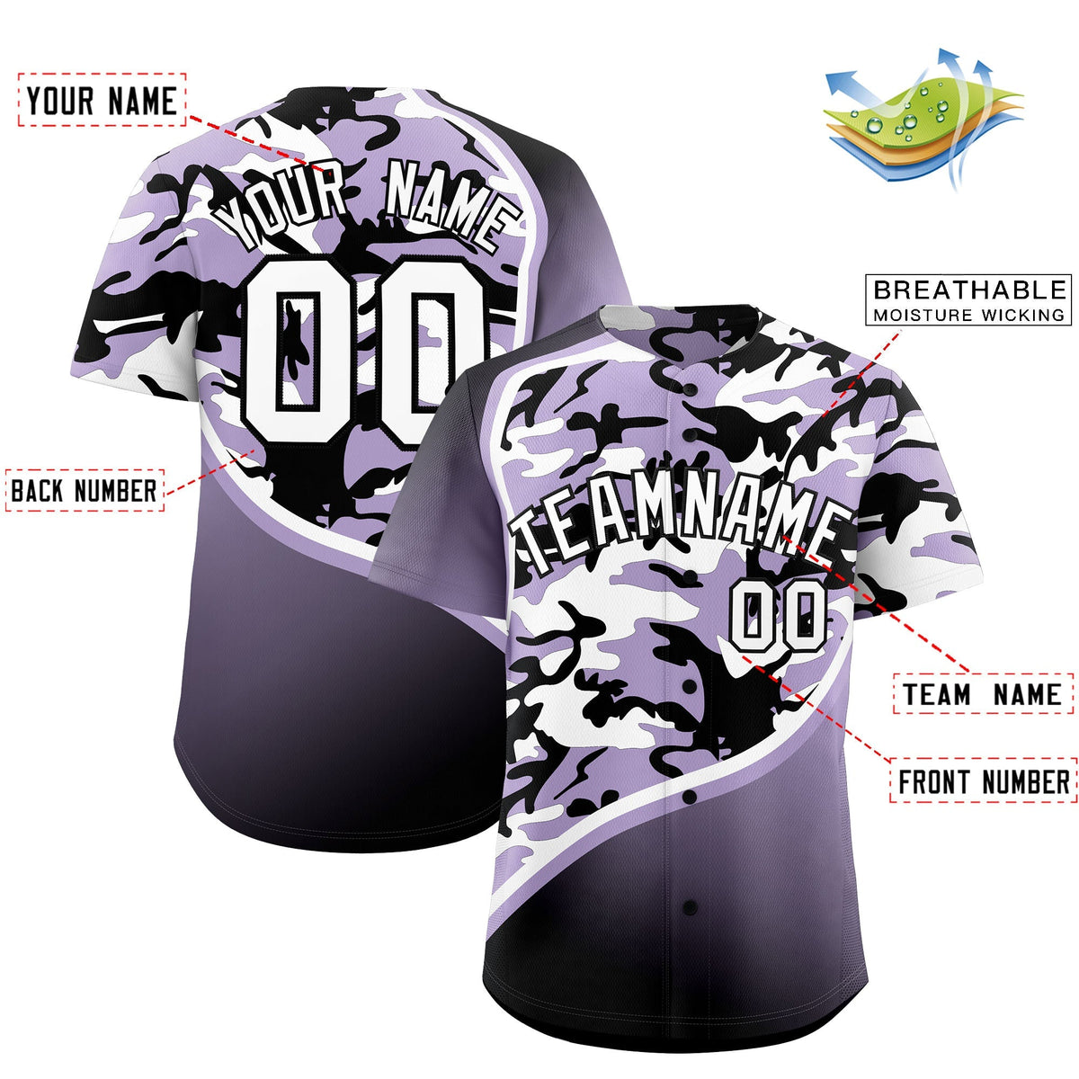 Custom Light Purple Black White Camo Gradient Fashion Baseball Jersey | Perfect for Training,Sublimation Printed &amp; Stitched,Add Name and Numbern,Perfect for Teams | KXKSHOP