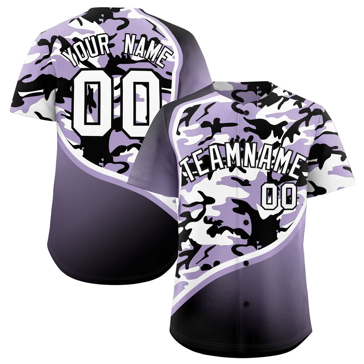 Custom Light Purple Black White Camo Gradient Fashion Baseball Jersey | Perfect for Training,Sublimation Printed &amp; Stitched,Add Name and Numbern,Perfect for Teams | KXKSHOP