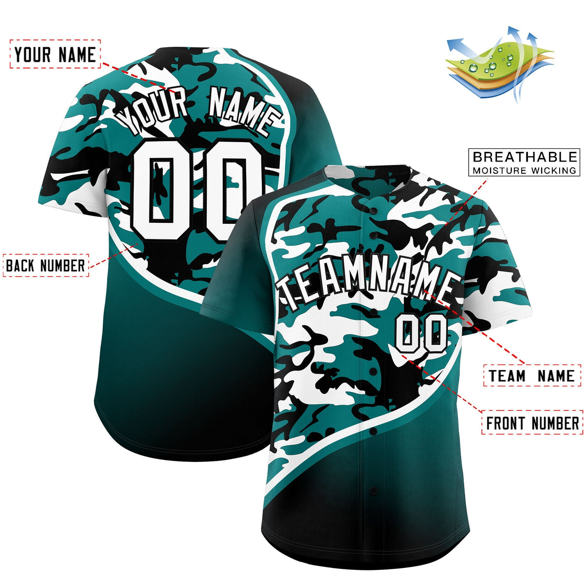 Custom Teal Black White Camo Gradient Fashion Baseball Jersey | Perfect for Training,Sublimation Printed &amp; Stitched,Add Name and Numbern,Perfect for Teams | KXKSHOP