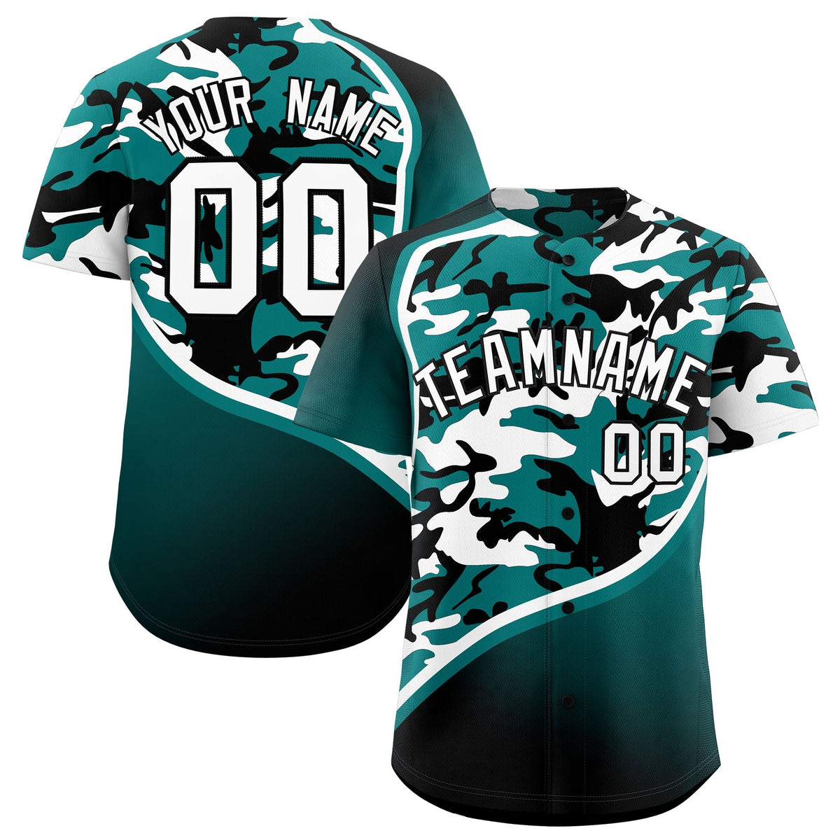 Custom Teal Black White Camo Gradient Fashion Baseball Jersey | Perfect for Training,Sublimation Printed &amp; Stitched,Add Name and Numbern,Perfect for Teams | KXKSHOP