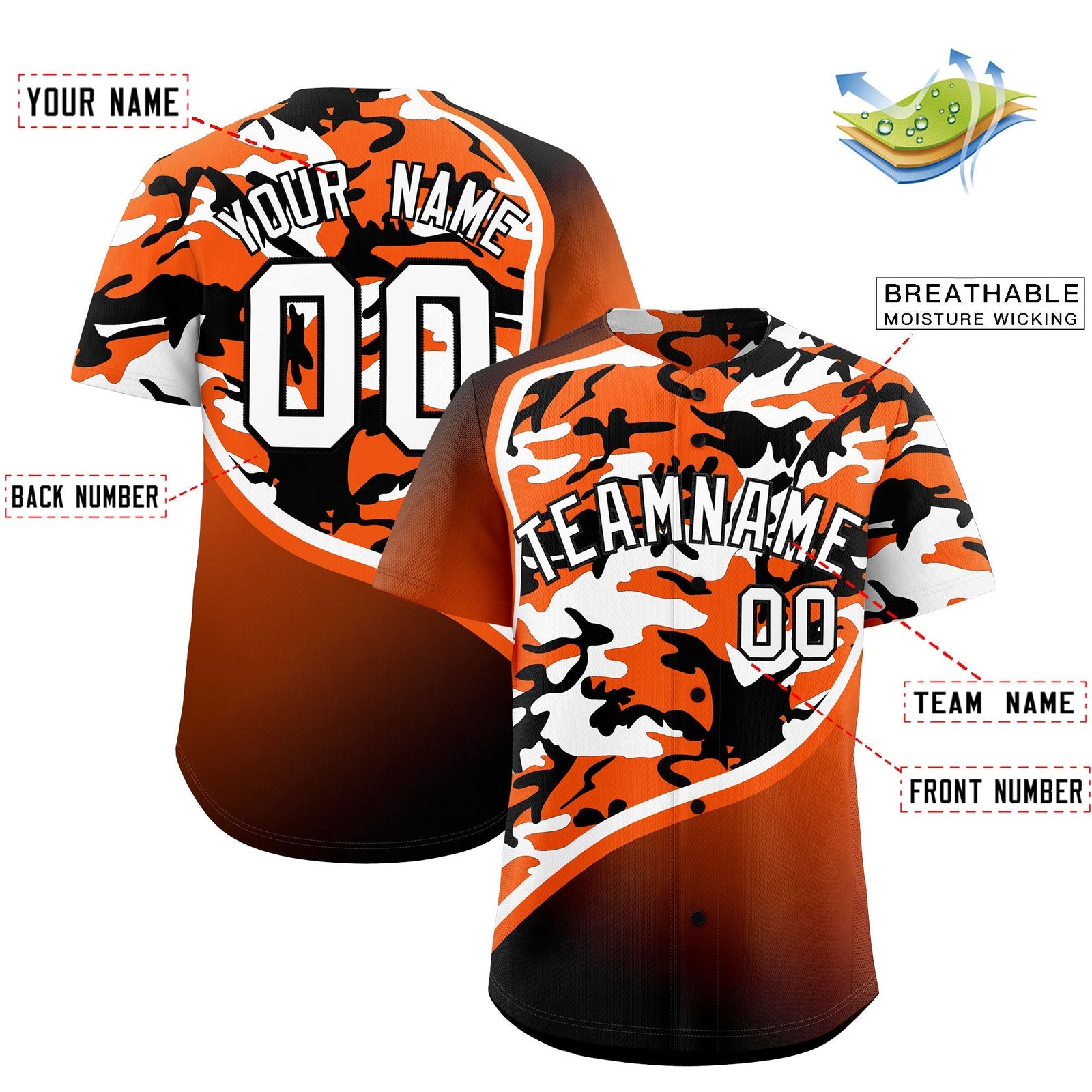 Custom Orange White Black Camo Gradient Fashion Baseball Jersey | Perfect for Training,Sublimation Printed & Stitched,Add Name and Numbern,Perfect for Teams | KXKSHOP