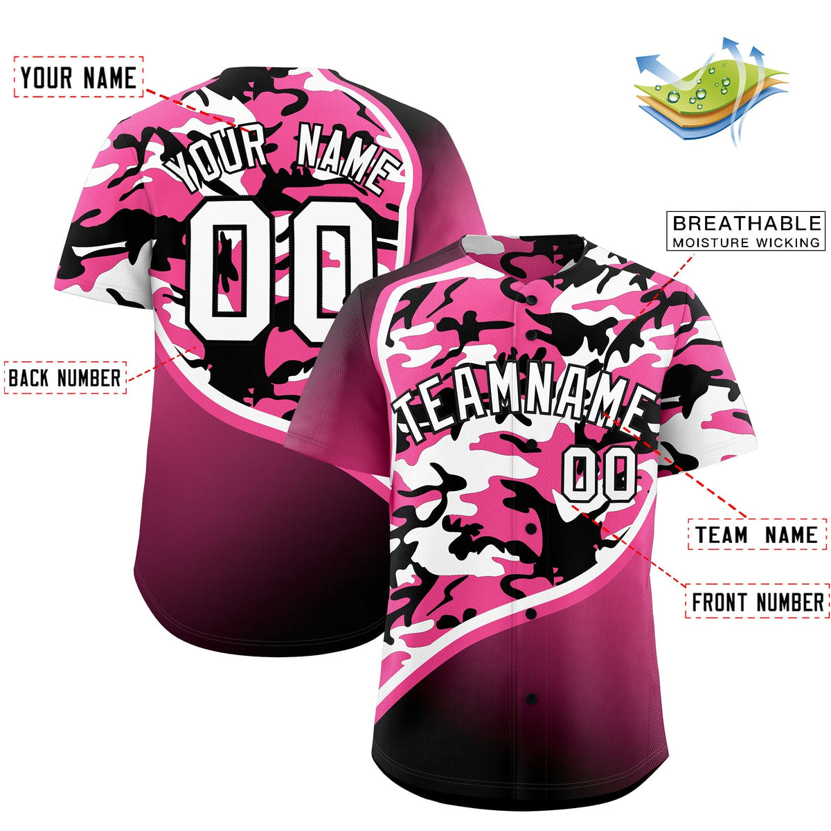 Custom Pink Black White Camo Gradient Fashion Baseball Jersey | Perfect for Training,Sublimation Printed &amp; Stitched,Add Name and Numbern,Perfect for Teams | KXKSHOP