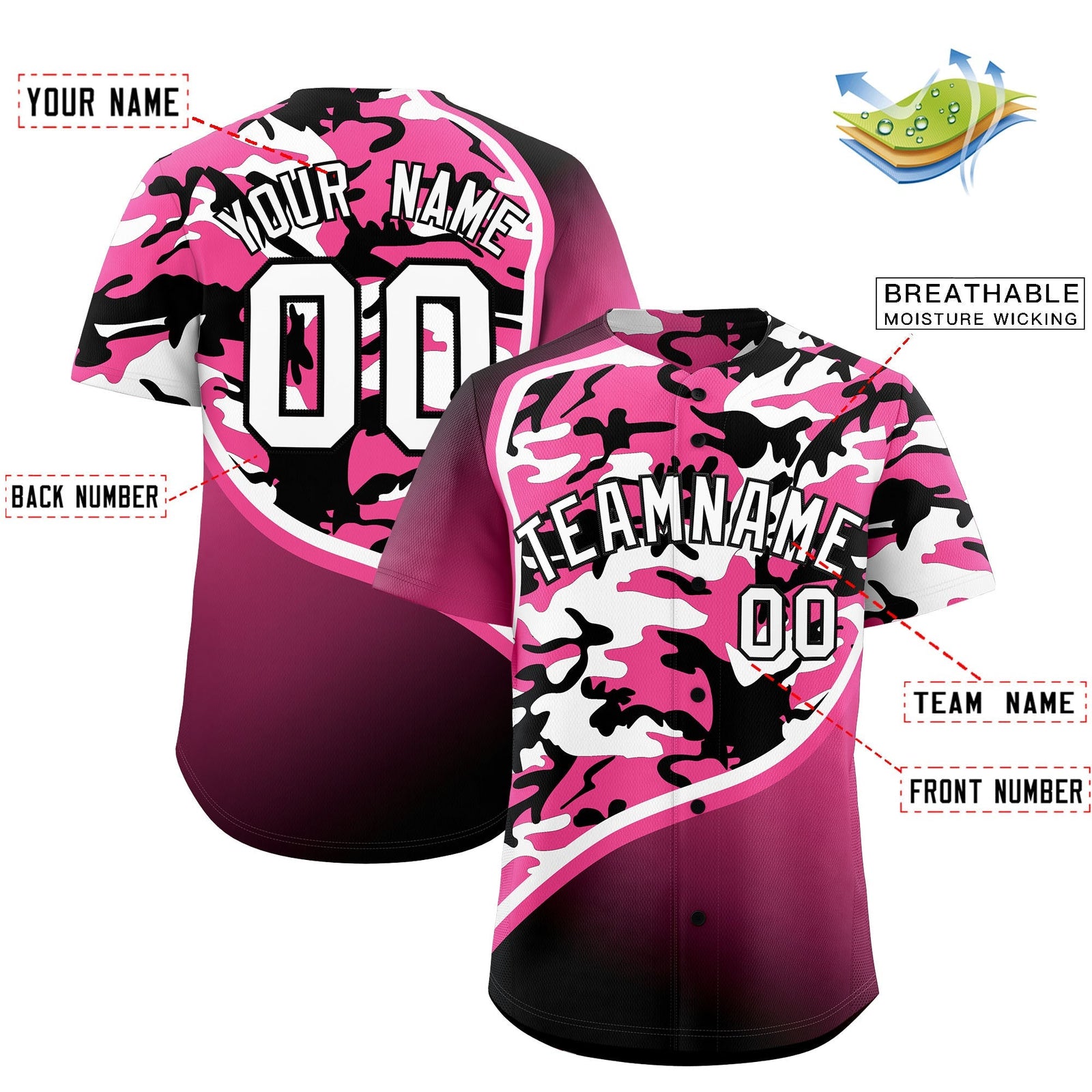 Custom Pink Black White Camo Gradient Fashion Baseball Jersey | Perfect for Training,Sublimation Printed & Stitched,Add Name and Numbern,Perfect for Teams | KXKSHOP