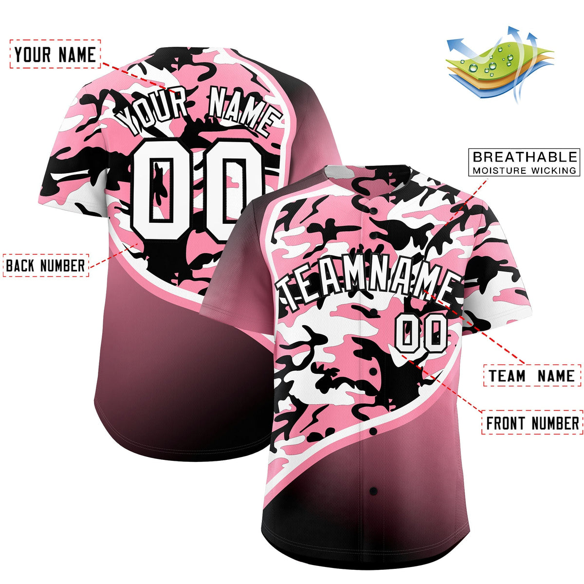 Custom Light Pink Black White Camo Gradient Fashion Baseball Jersey | Perfect for Training,Sublimation Printed &amp; Stitched,Add Name and Numbern,Perfect for Teams | KXKSHOP