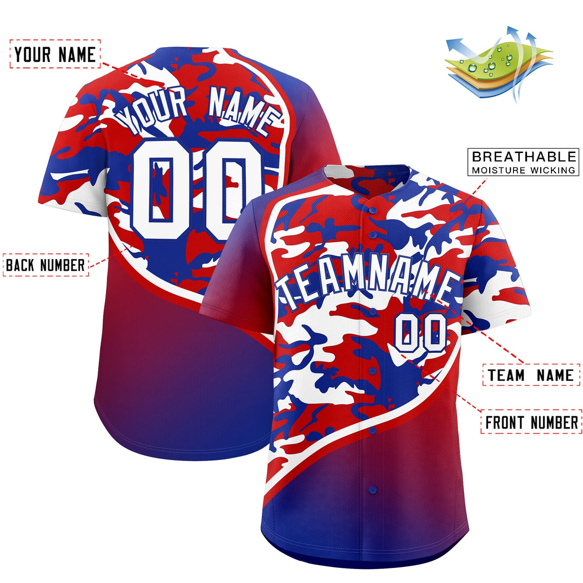Custom Red White Royal Blue Camo Gradient Fashion Baseball Jersey | Perfect for Training,Sublimation Printed &amp; Stitched,Add Name and Numbern,Perfect for Teams | KXKSHOP