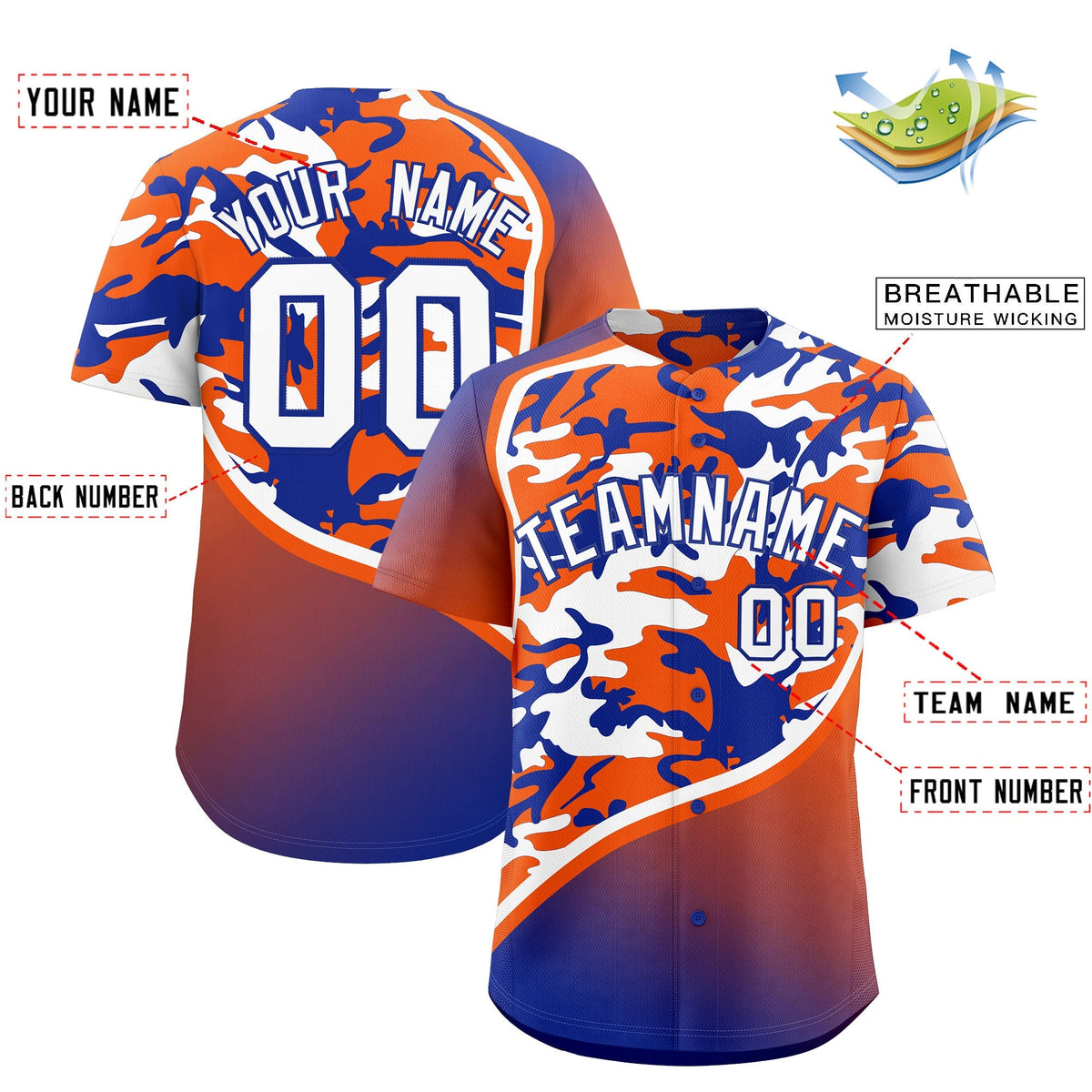 Custom Orange Royal Blue White Camo Gradient Fashion Baseball Jersey | Perfect for Training,Sublimation Printed & Stitched,Add Name and Numbern,Perfect for Teams | KXKSHOP