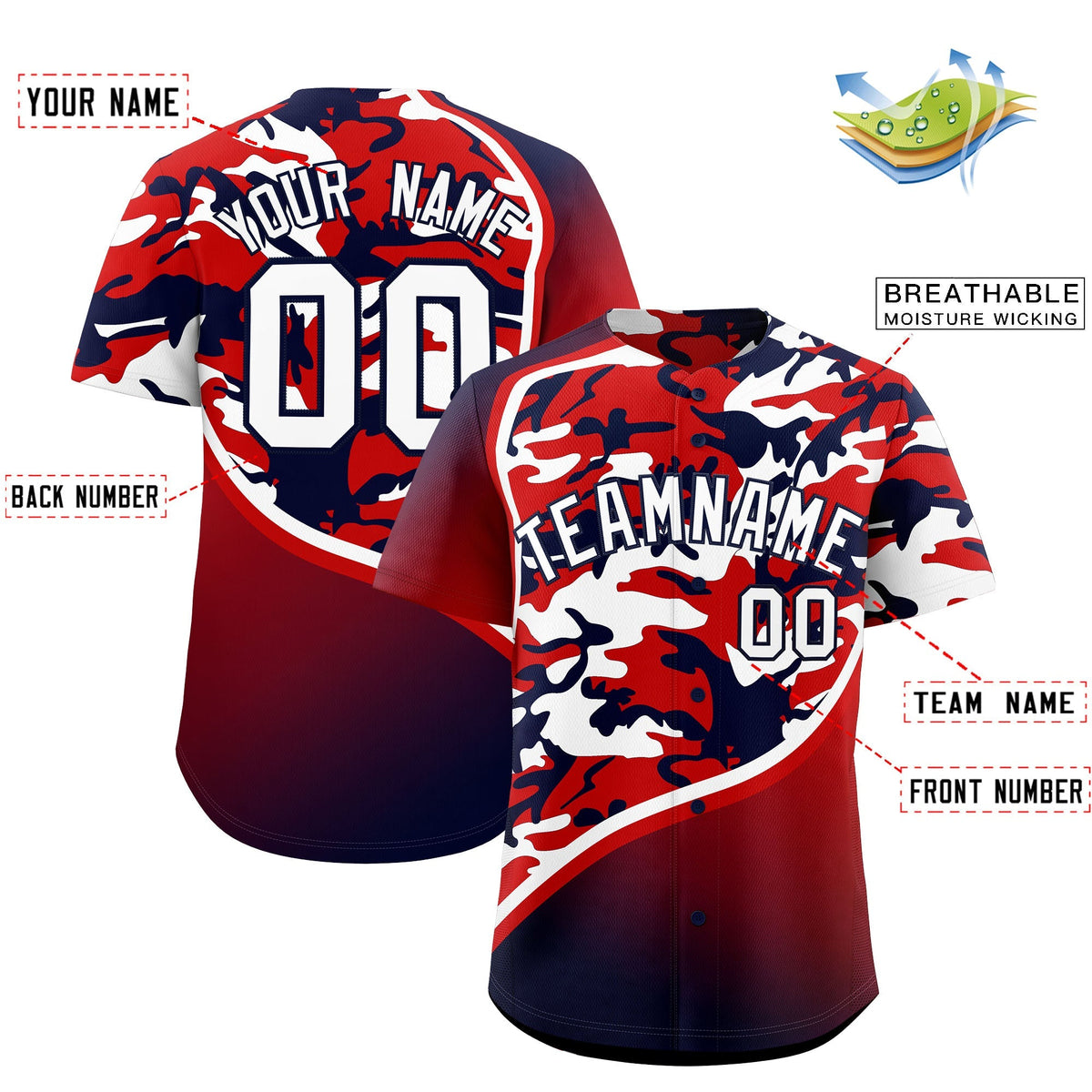 Custom Red White Navy Camo Gradient Fashion Baseball Jersey | Perfect for Training,Sublimation Printed &amp; Stitched,Add Name and Numbern,Perfect for Teams | KXKSHOP