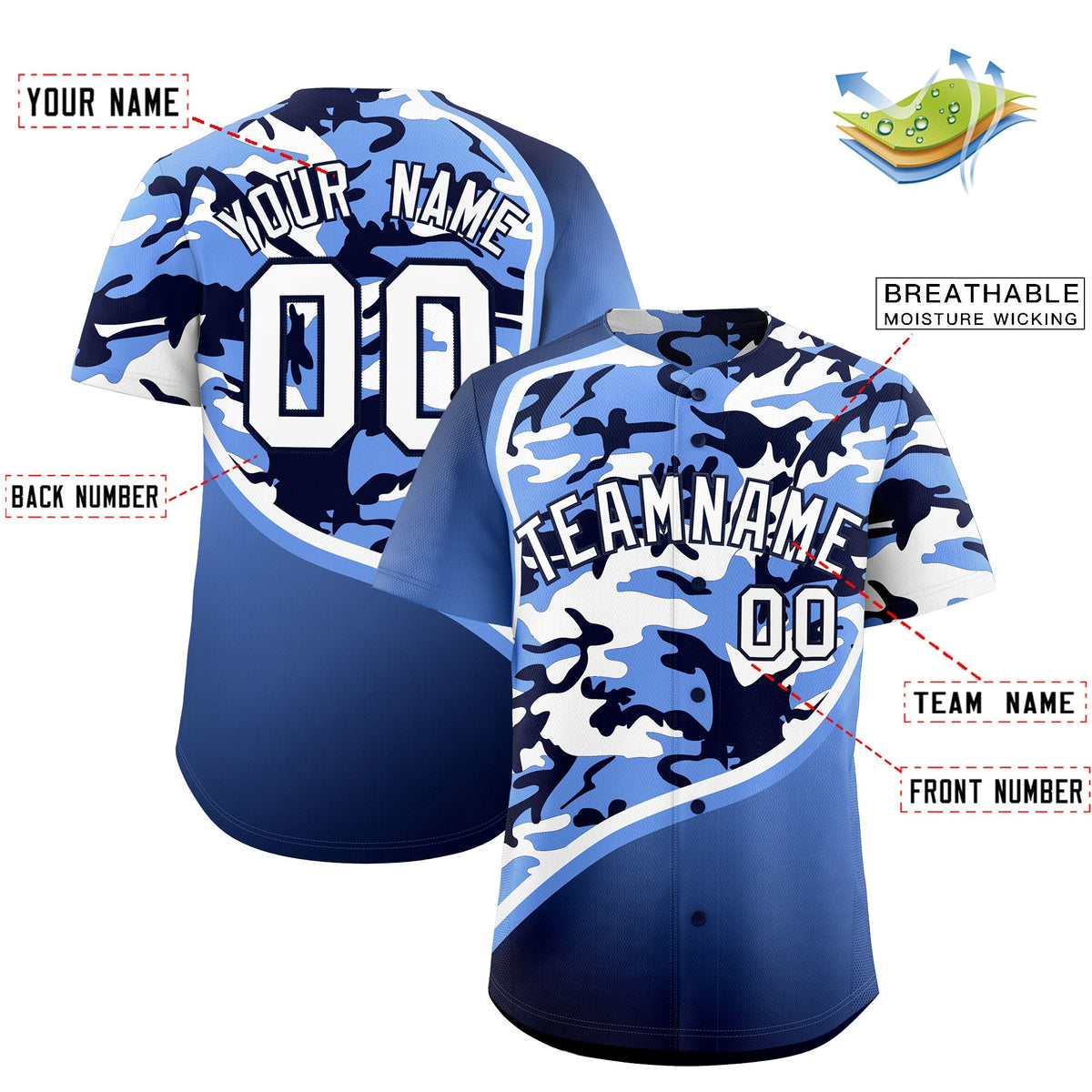 Custom Light Blue Navy White Camo Gradient Fashion Baseball Jersey | Perfect for Training,Sublimation Printed &amp; Stitched,Add Name and Numbern,Perfect for Teams | KXKSHOP