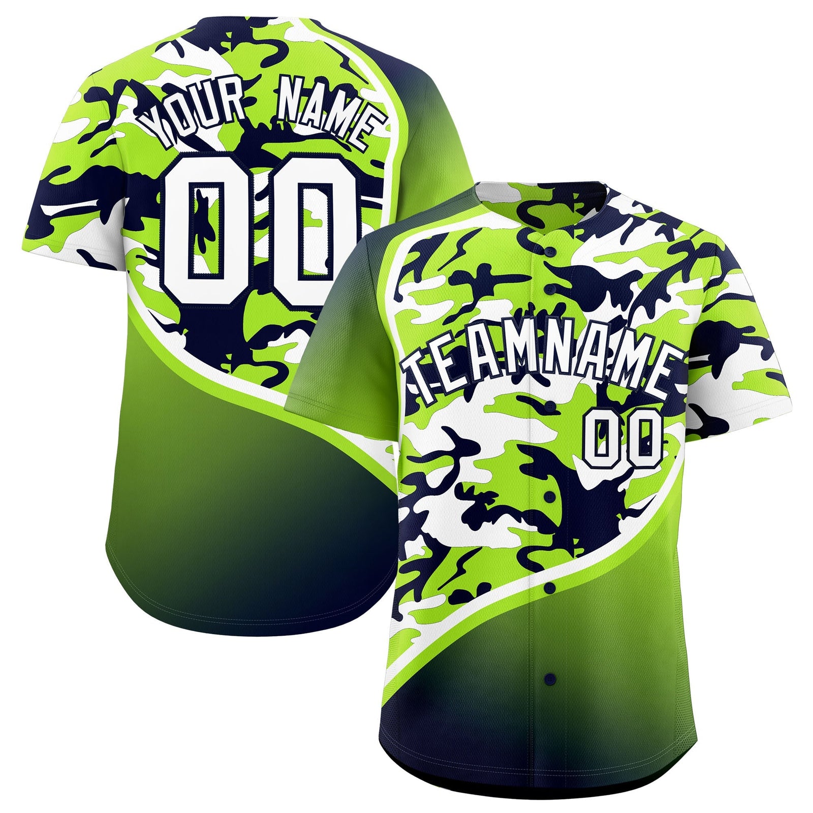 Custom Neon Green Navy White Camo Gradient Fashion Baseball Jersey | Perfect for Training,Sublimation Printed & Stitched,Add Name and Numbern,Perfect for Teams | KXKSHOP