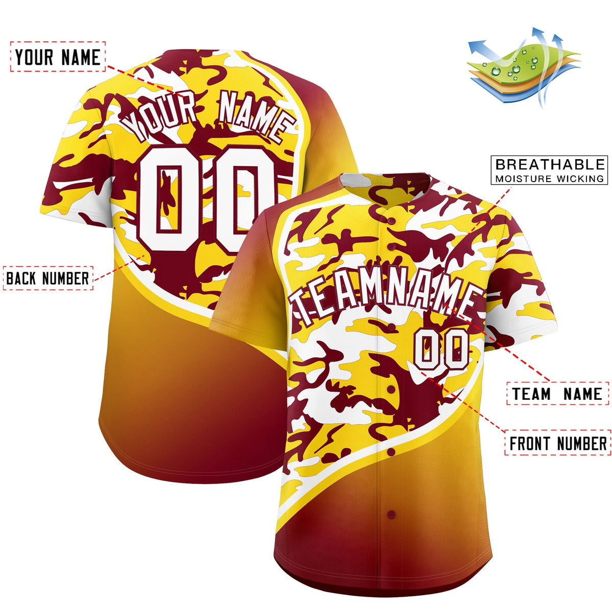 Custom Crimson Gold White Camo Gradient Fashion Baseball Jersey | Perfect for Training,Sublimation Printed &amp; Stitched,Add Name and Numbern,Perfect for Teams | KXKSHOP