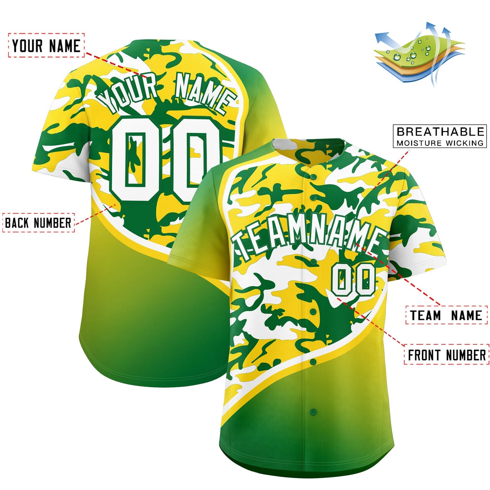 Custom Gold Kelly Green White Camo Gradient Fashion Baseball Jersey | Perfect for Training,Sublimation Printed & Stitched,Add Name and Numbern,Perfect for Teams | KXKSHOP