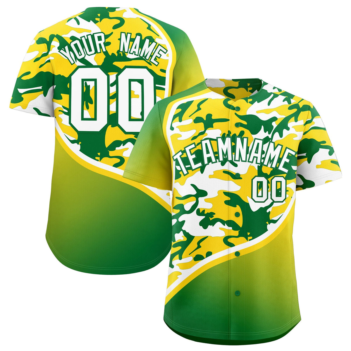Custom Gold Kelly Green White Camo Gradient Fashion Baseball Jersey | Perfect for Training,Sublimation Printed &amp; Stitched,Add Name and Numbern,Perfect for Teams | KXKSHOP