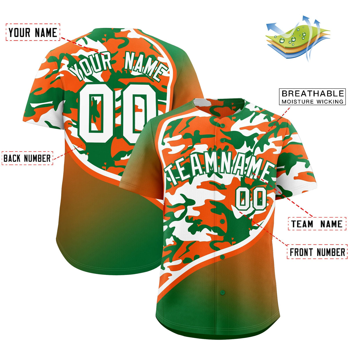 Custom Orange Kelly Green White Camo Gradient Fashion Baseball Jersey | Perfect for Training,Sublimation Printed &amp; Stitched,Add Name and Numbern,Perfect for Teams | KXKSHOP