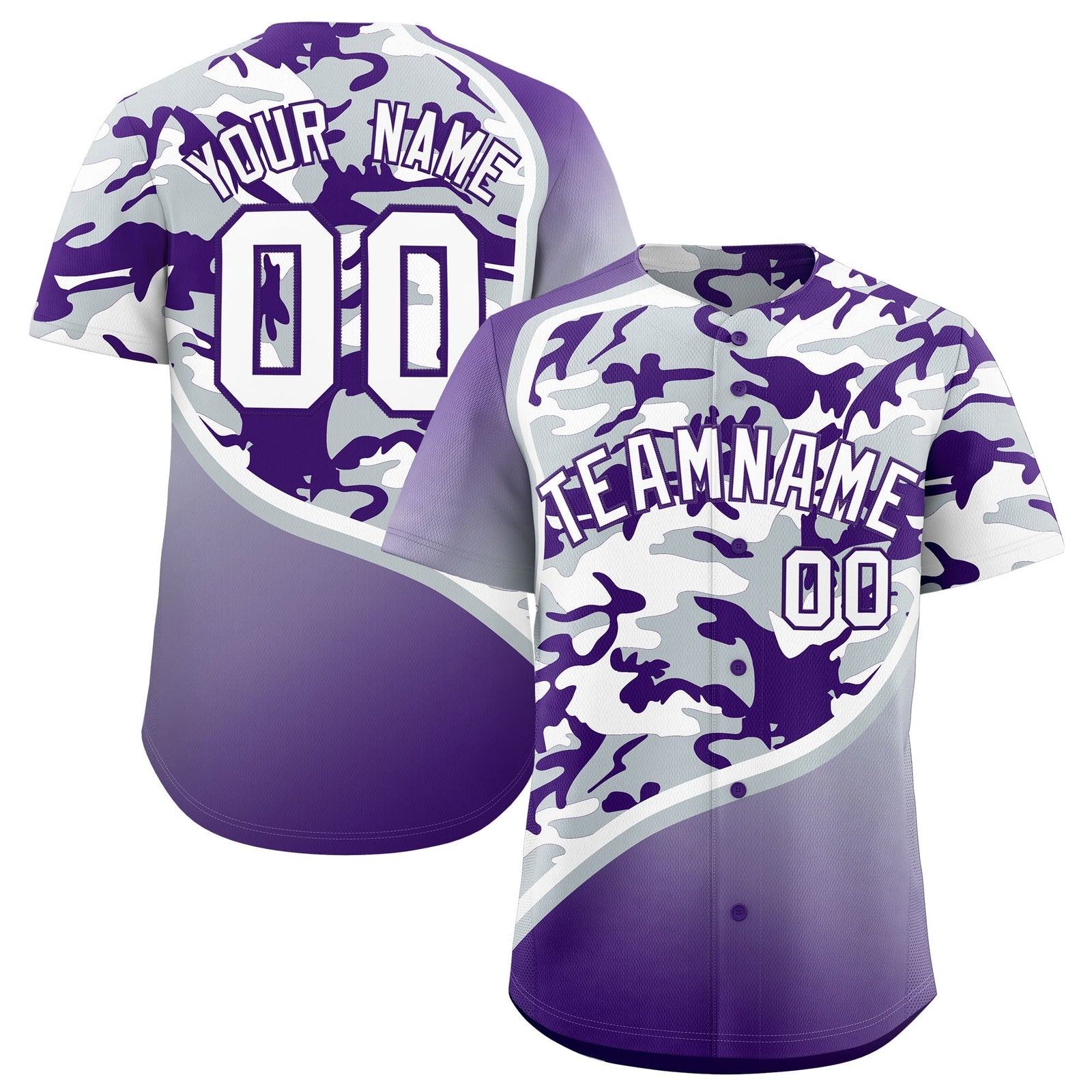Custom Silver Purple White Camo Gradient Fashion Baseball Jersey | Perfect for Training,Sublimation Printed & Stitched,Add Name and Numbern,Perfect for Teams | KXKSHOP