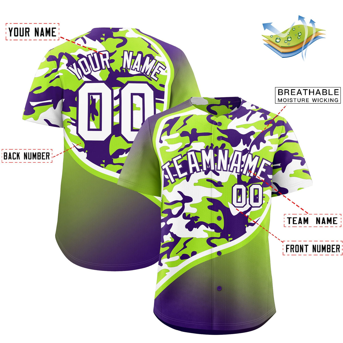 Custom Neon Green Purple White Camo Gradient Fashion Baseball Jersey | Perfect for Training,Sublimation Printed &amp; Stitched,Add Name and Numbern,Perfect for Teams | KXKSHOP
