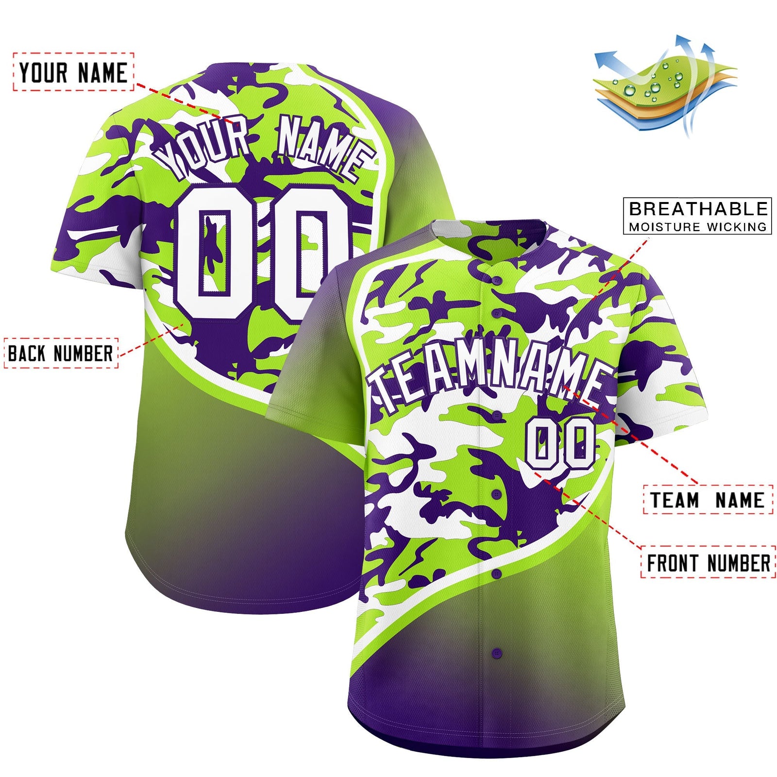 Custom Neon Green Purple White Camo Gradient Fashion Baseball Jersey | Perfect for Training,Sublimation Printed & Stitched,Add Name and Numbern,Perfect for Teams | KXKSHOP