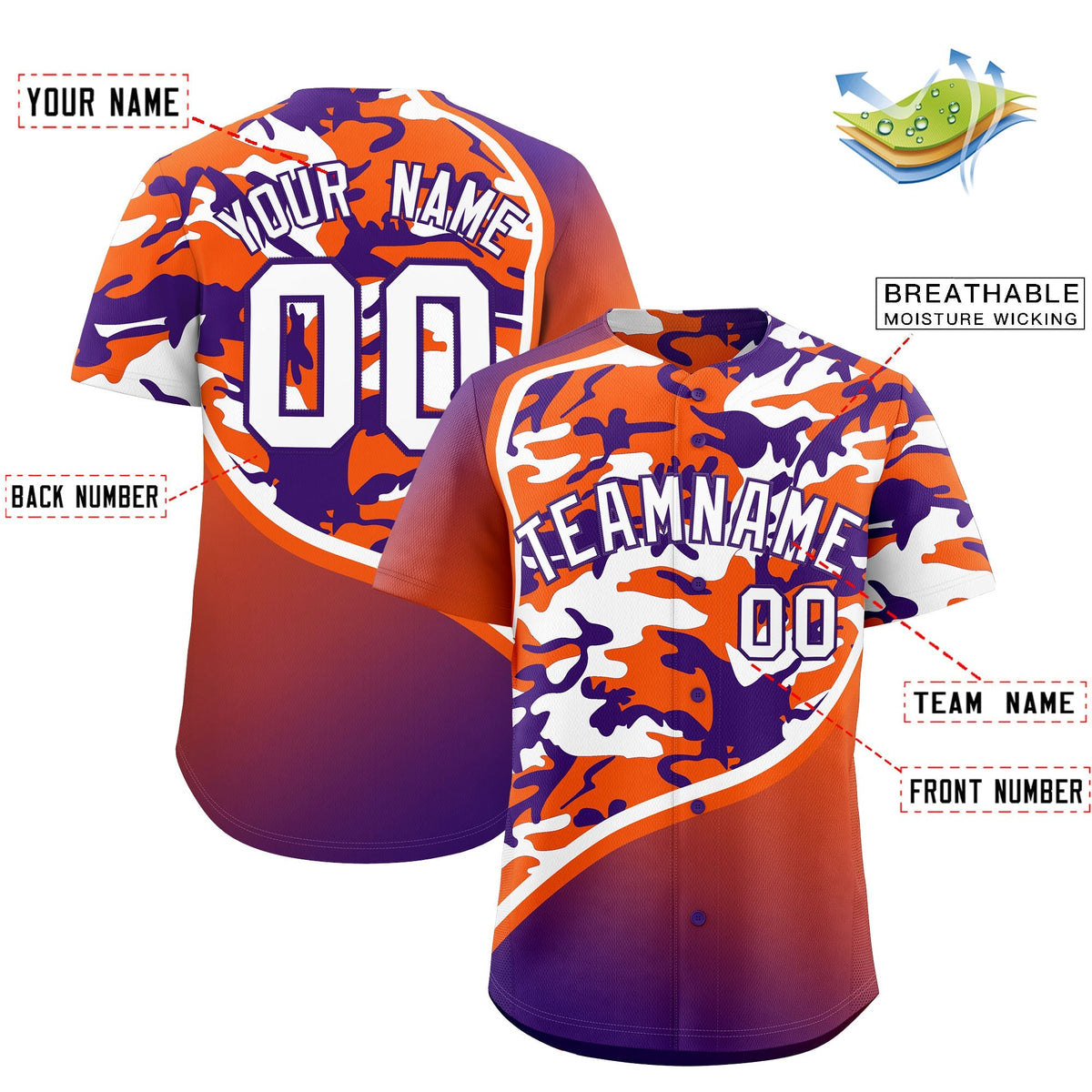 Custom Orange Purple White Camo Gradient Fashion Baseball Jersey | Perfect for Training,Sublimation Printed &amp; Stitched,Add Name and Numbern,Perfect for Teams | KXKSHOP