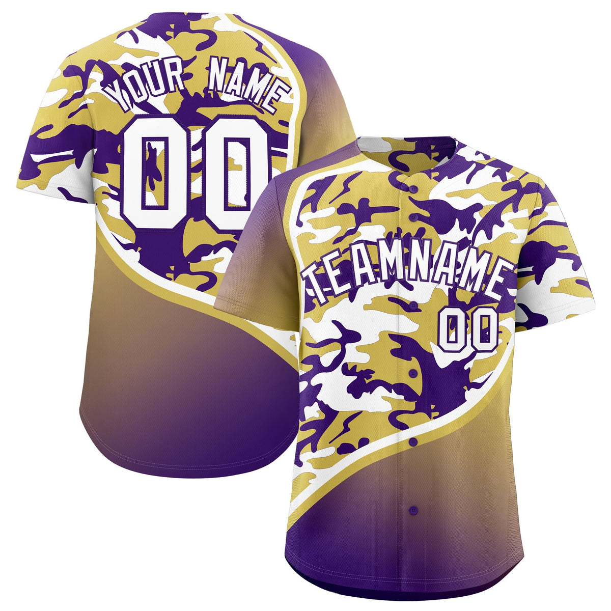Custom Old Gold Purple White Camo Gradient Fashion Baseball Jersey | Perfect for Training,Sublimation Printed &amp; Stitched,Add Name and Numbern,Perfect for Teams | KXKSHOP