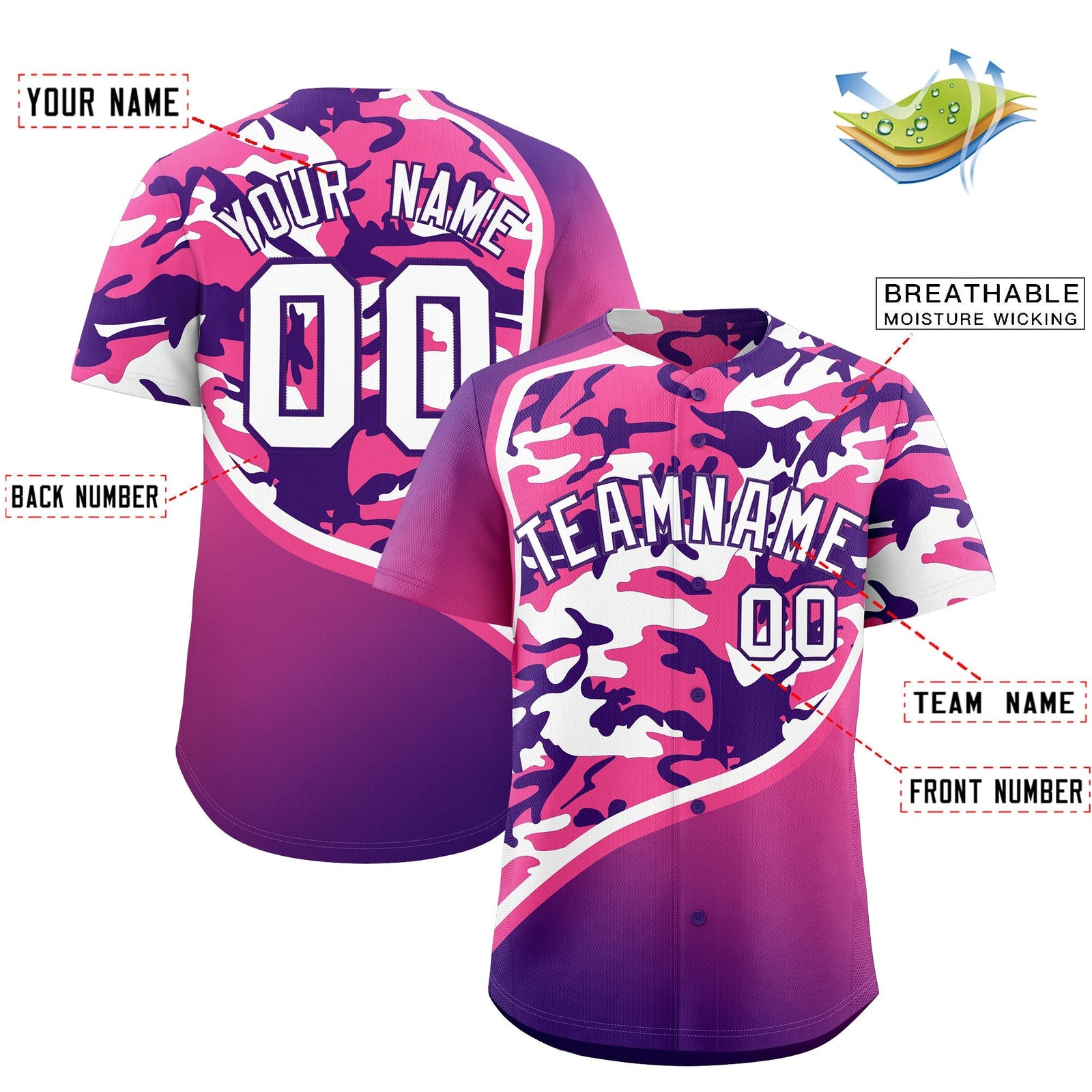 Custom Pink Purple White Camo Gradient Fashion Baseball Jersey | Perfect for Training,Sublimation Printed & Stitched,Add Name and Numbern,Perfect for Teams | KXKSHOP