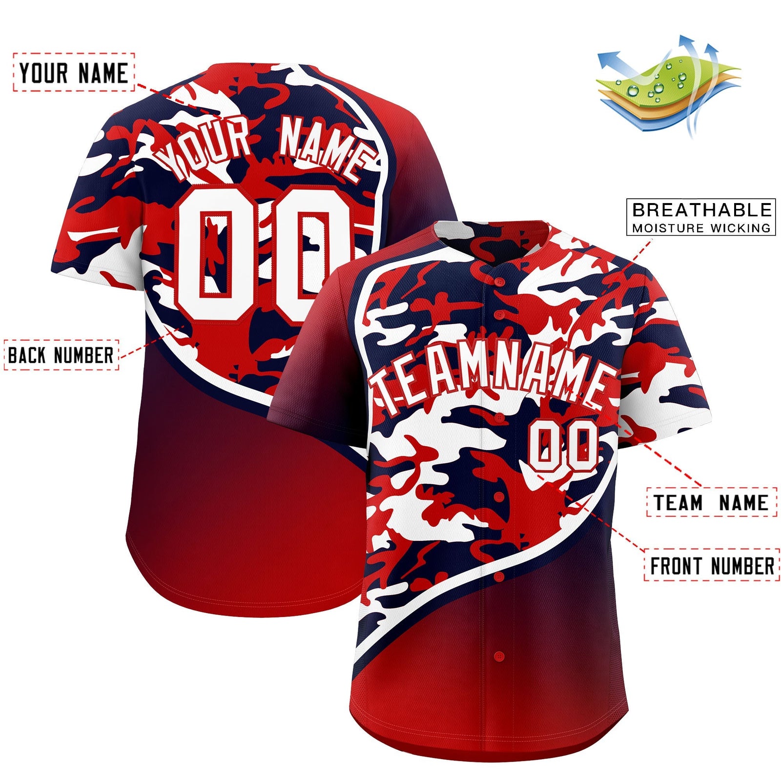Custom Red Navy White Camo Gradient Fashion Baseball Jersey | Perfect for Training,Sublimation Printed & Stitched,Add Name and Numbern,Perfect for Teams | KXKSHOP