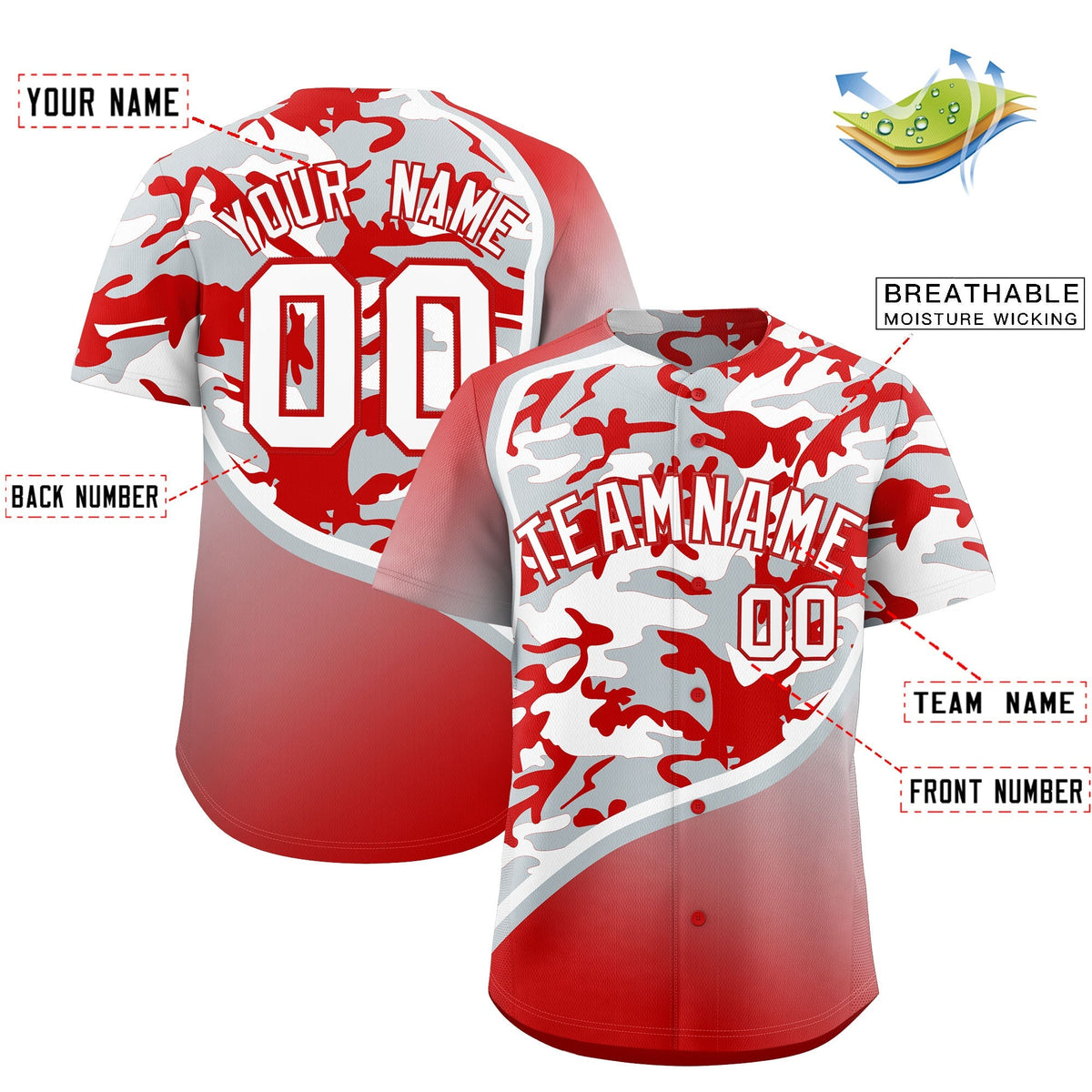 Custom Silver Red White Camo Gradient Fashion Baseball Jersey | Perfect for Training,Sublimation Printed &amp; Stitched,Add Name and Numbern,Perfect for Teams | KXKSHOP
