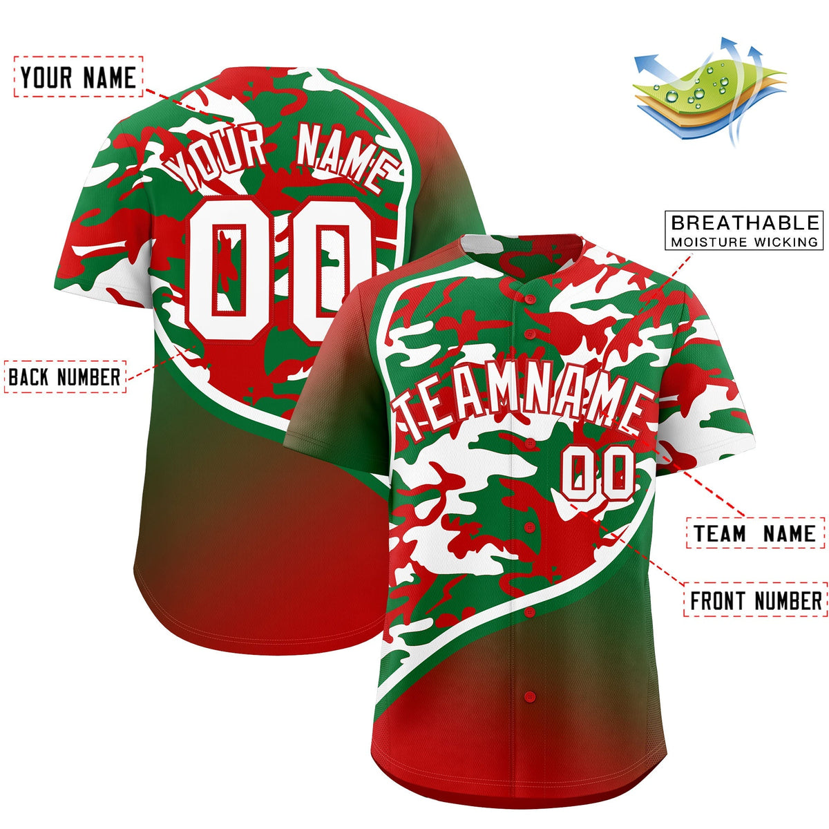 Custom Kelly Green Red White Camo Gradient Fashion Baseball Jersey | Perfect for Training,Sublimation Printed &amp; Stitched,Add Name and Numbern,Perfect for Teams | KXKSHOP