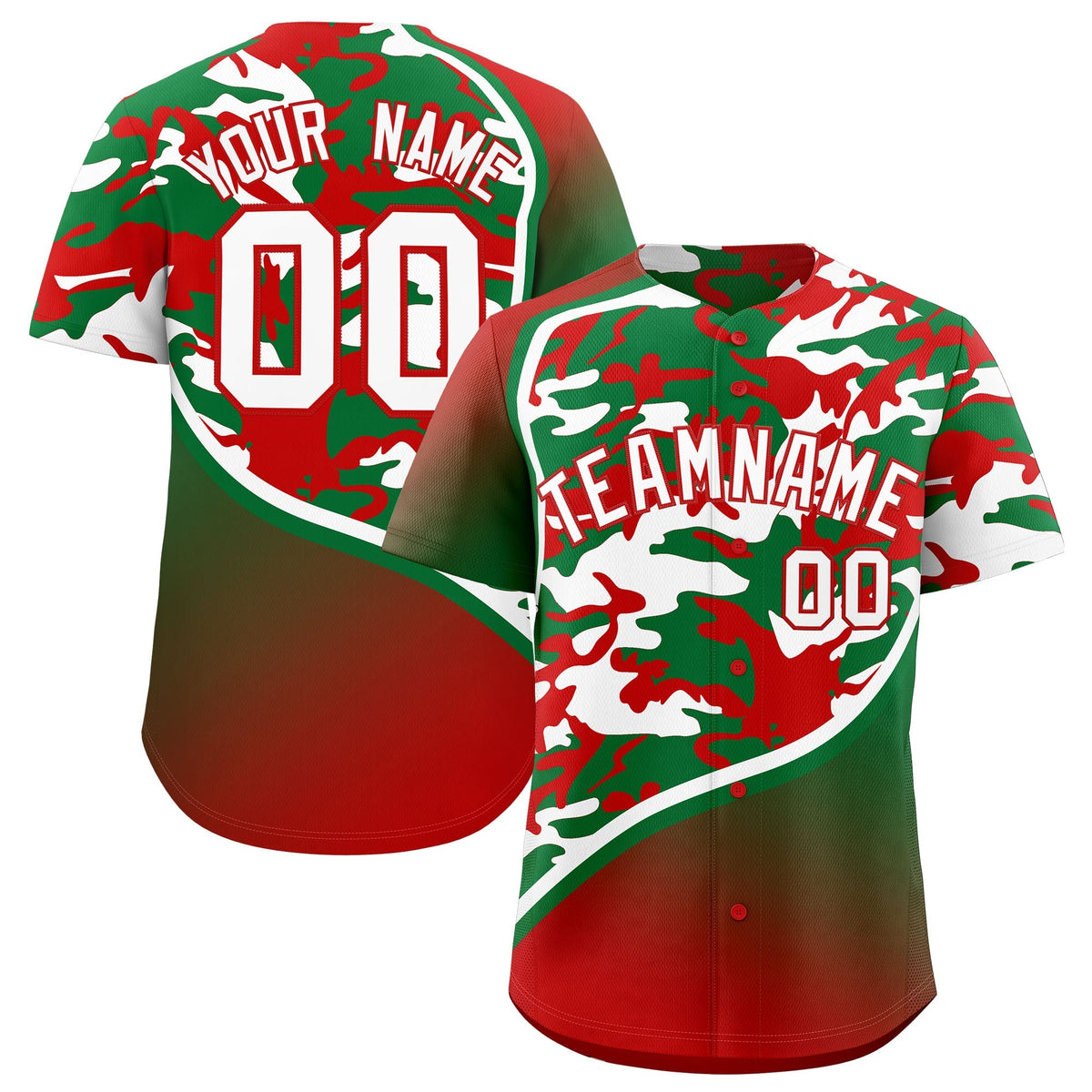 Custom Kelly Green Red White Camo Gradient Fashion Baseball Jersey | Perfect for Training,Sublimation Printed &amp; Stitched,Add Name and Numbern,Perfect for Teams | KXKSHOP