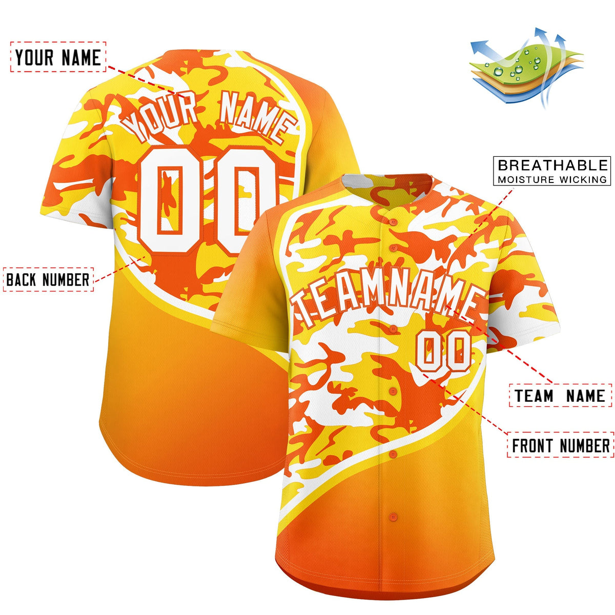 Custom Gold Orange White Camo Gradient Fashion Baseball Jersey | Perfect for Training,Sublimation Printed &amp; Stitched,Add Name and Numbern,Perfect for Teams | KXKSHOP