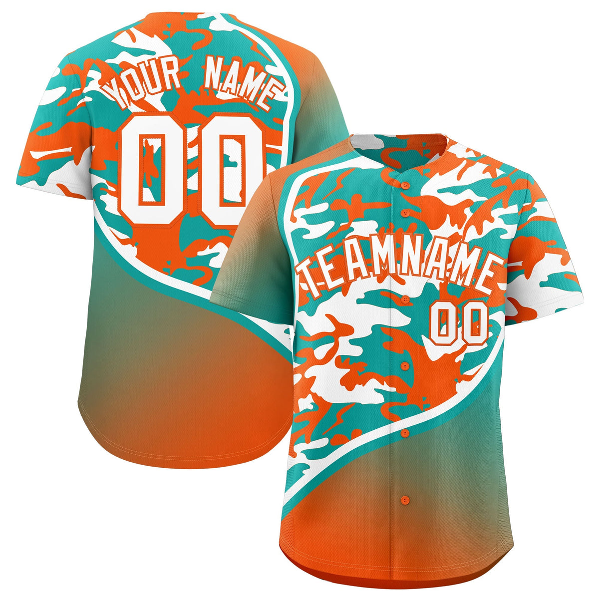 Custom Aqua White Orange Camo Gradient Fashion Baseball Jersey | Perfect for Training,Sublimation Printed &amp; Stitched,Add Name and Numbern,Perfect for Teams | KXKSHOP
