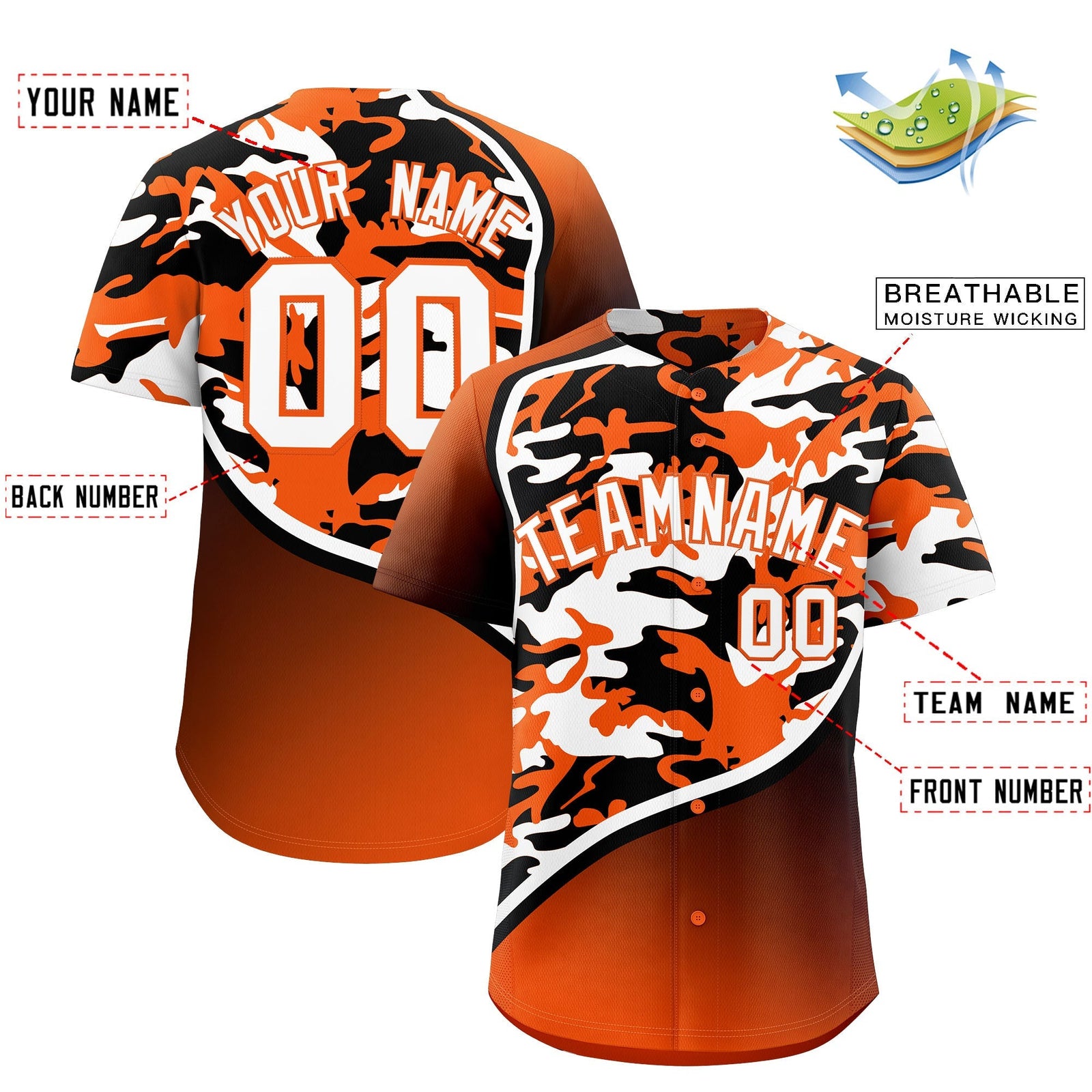 Custom Orange Black White Camo Gradient Fashion Baseball Jersey | Perfect for Training,Sublimation Printed & Stitched,Add Name and Numbern,Perfect for Teams | KXKSHOP