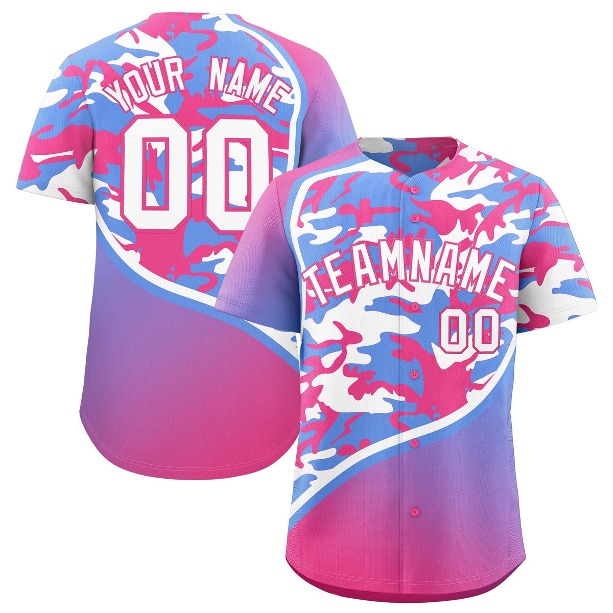 Custom Light Blue Pink White Camo Gradient Fashion Baseball Jersey | Perfect for Training,Sublimation Printed &amp; Stitched,Add Name and Numbern,Perfect for Teams | KXKSHOP