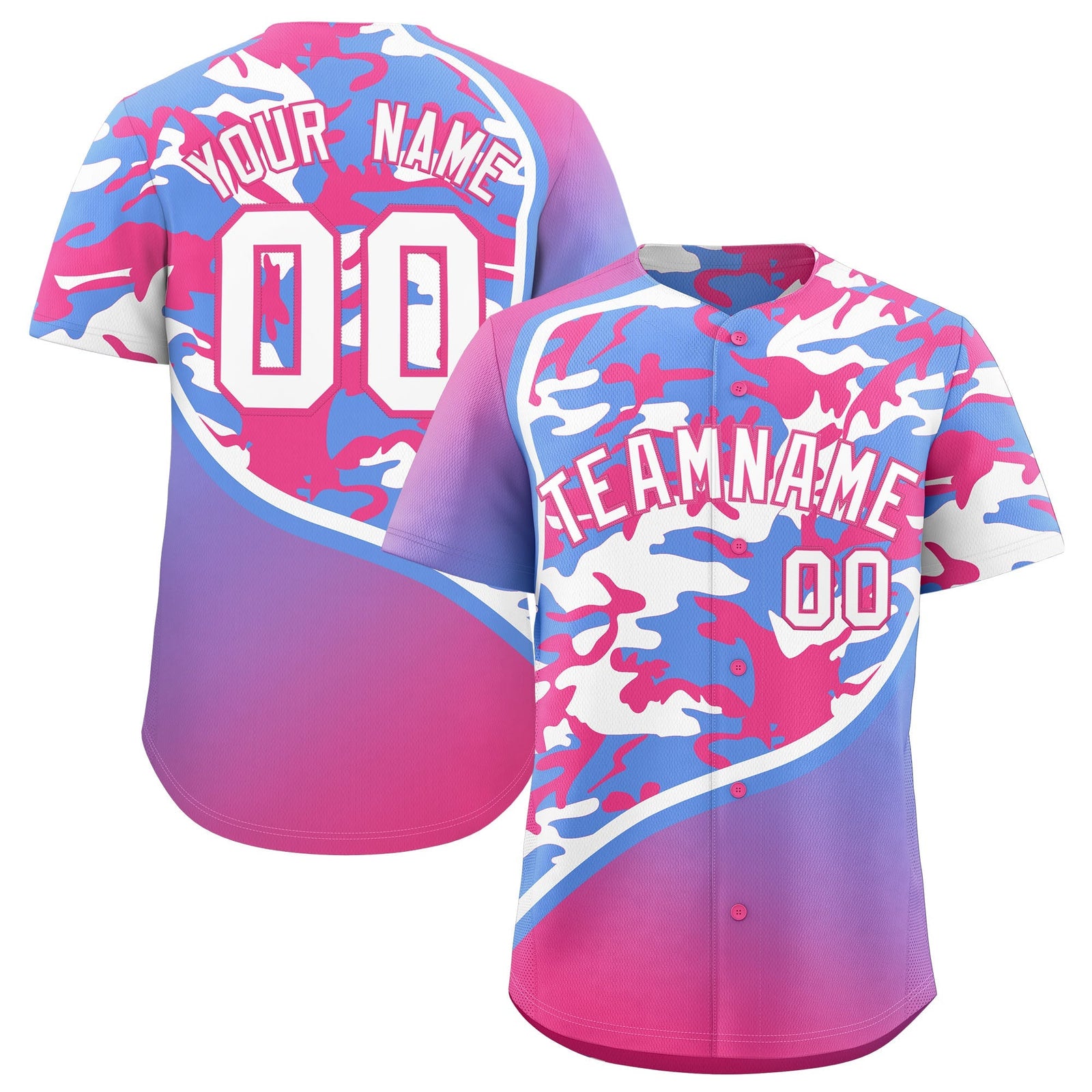Custom Light Blue Pink White Camo Gradient Fashion Baseball Jersey | Perfect for Training,Sublimation Printed & Stitched,Add Name and Numbern,Perfect for Teams | KXKSHOP