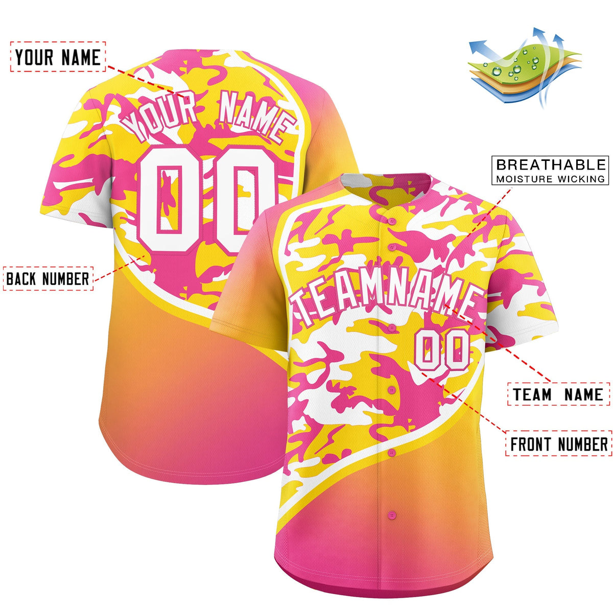 Custom Gold Pink White Camo Gradient Fashion Baseball Jersey | Perfect for Training,Sublimation Printed &amp; Stitched,Add Name and Numbern,Perfect for Teams | KXKSHOP