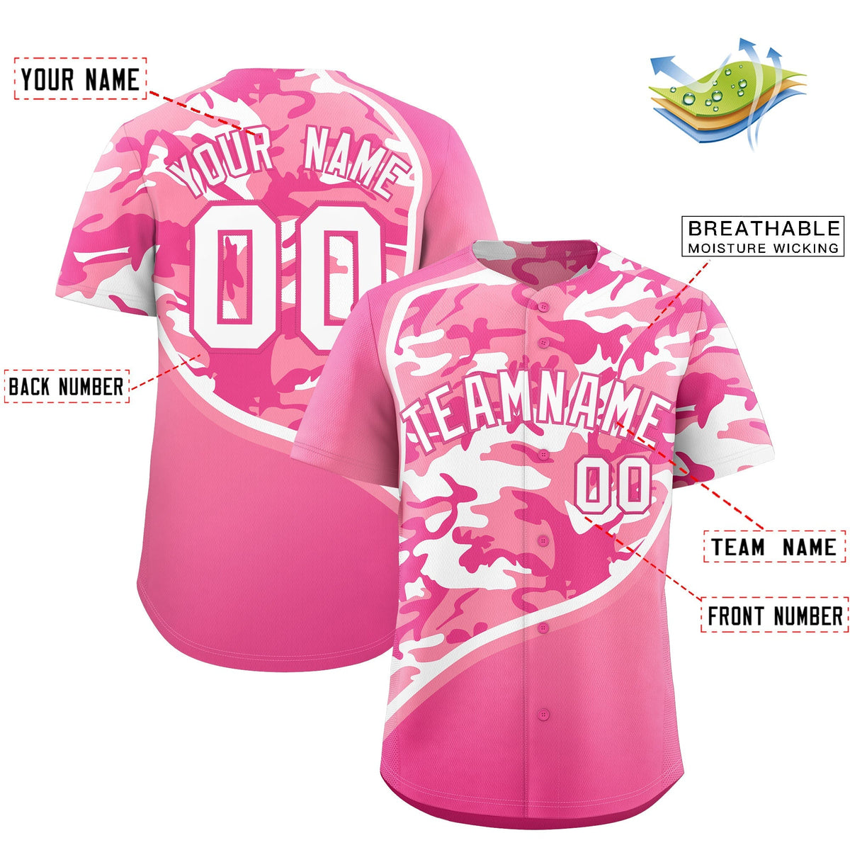 Custom Light Pink Pink White Camo Gradient Fashion Baseball Jersey | Perfect for Training,Sublimation Printed &amp; Stitched,Add Name and Numbern,Perfect for Teams | KXKSHOP