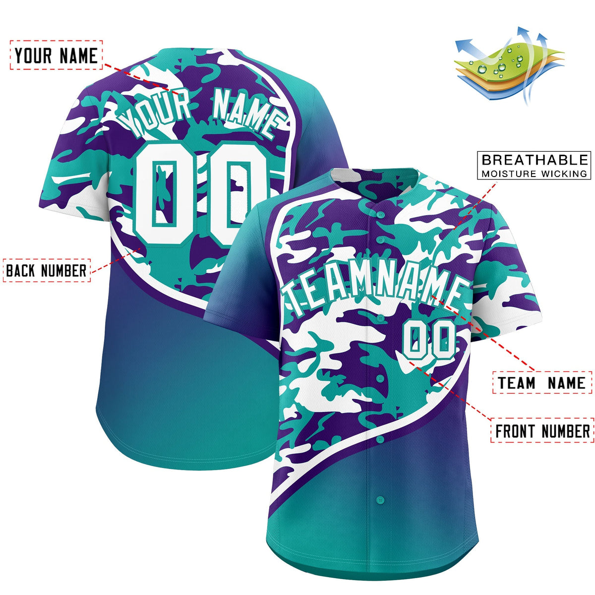 Custom Aqua Purple White Camo Gradient Fashion Baseball Jersey | Perfect for Training,Sublimation Printed &amp; Stitched,Add Name and Numbern,Perfect for Teams | KXKSHOP