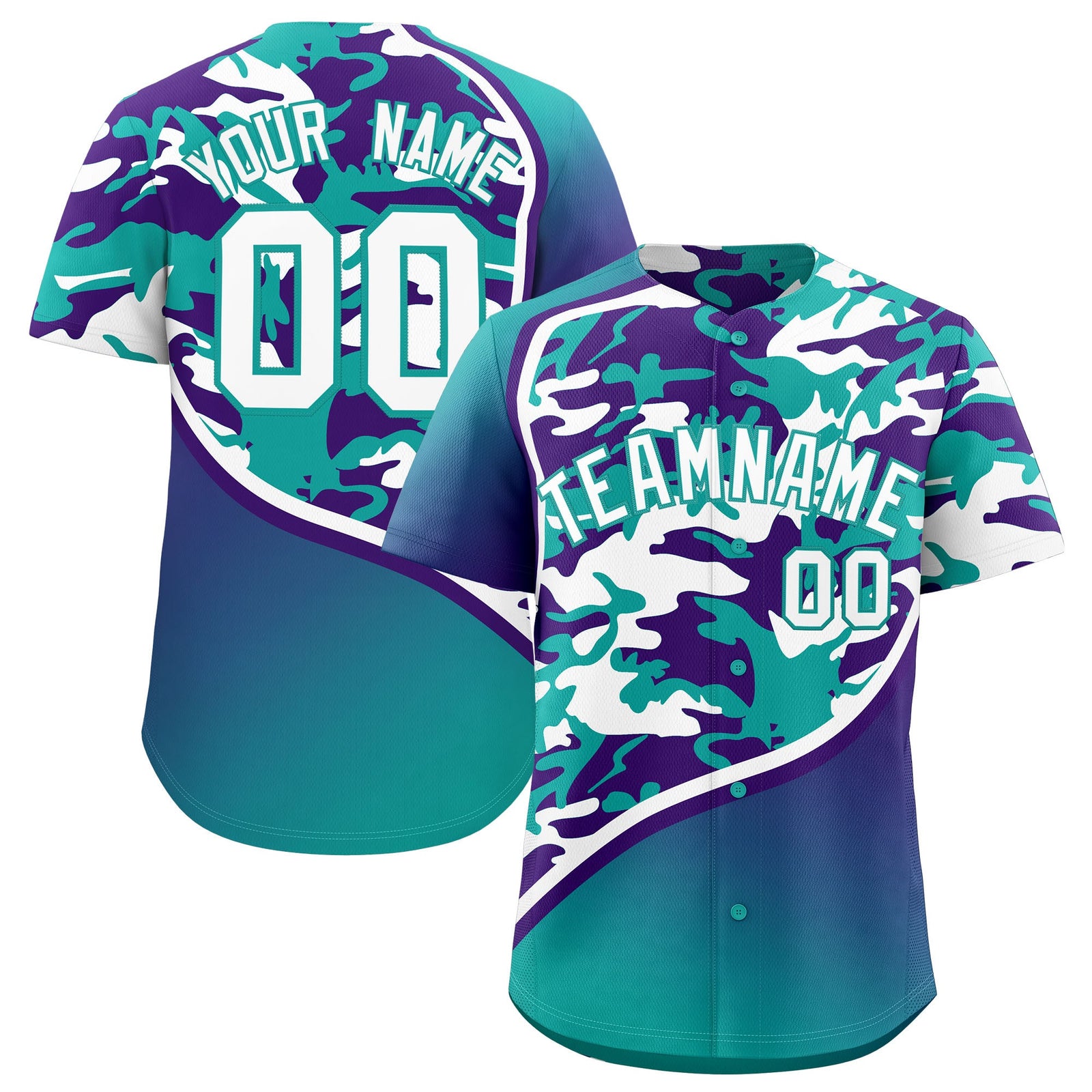 Custom Aqua Purple White Camo Gradient Fashion Baseball Jersey