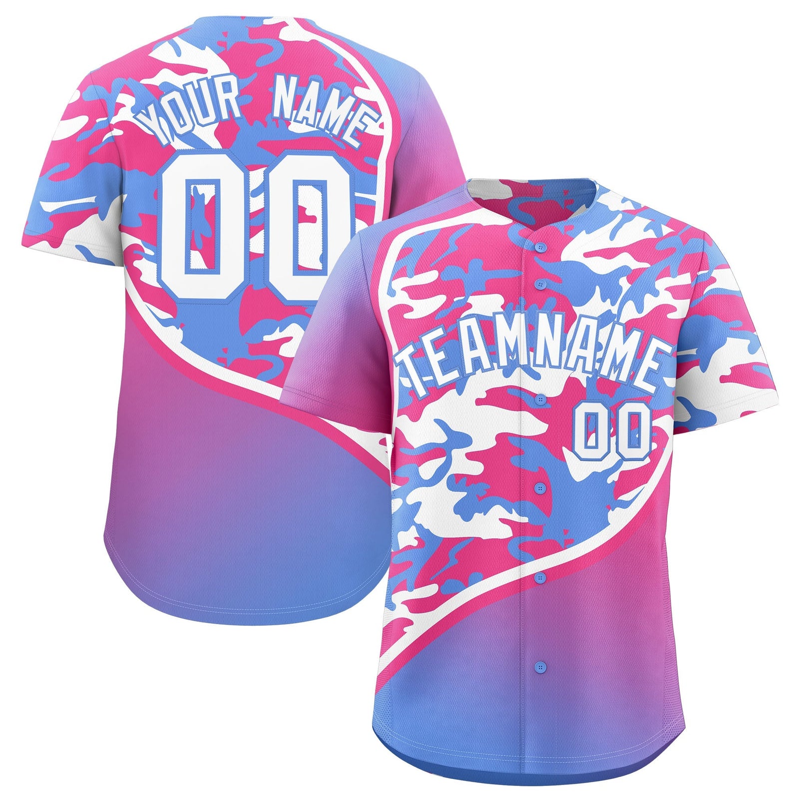 Custom Pink Light Blue White Camo Gradient Fashion Baseball Jersey | Perfect for Training,Sublimation Printed & Stitched,Add Name and Numbern,Perfect for Teams | KXKSHOP
