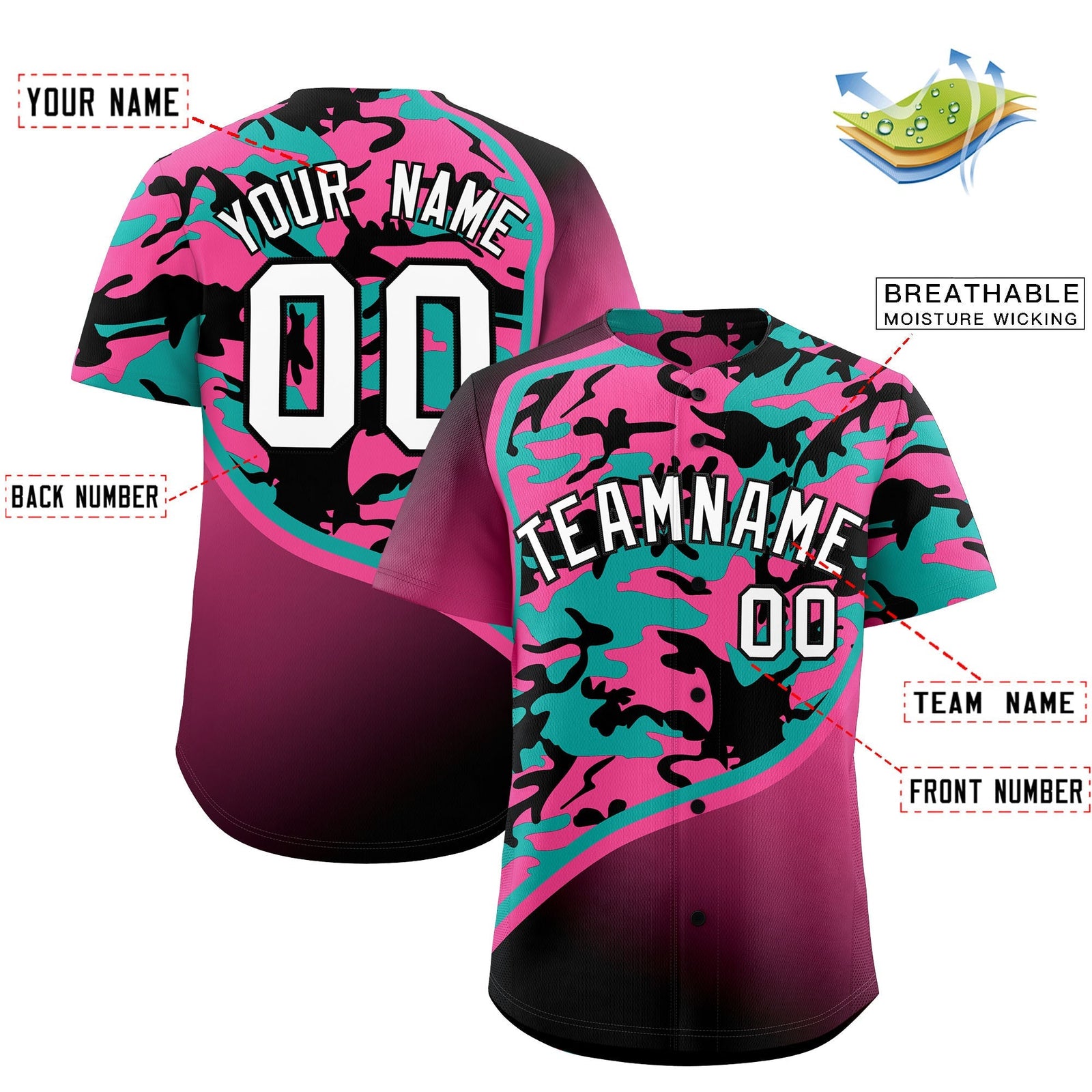 Custom Aqua Pink Black Camo Gradient Fashion Baseball Jersey | Perfect for Training,Sublimation Printed & Stitched,Add Name and Numbern,Perfect for Teams | KXKSHOP