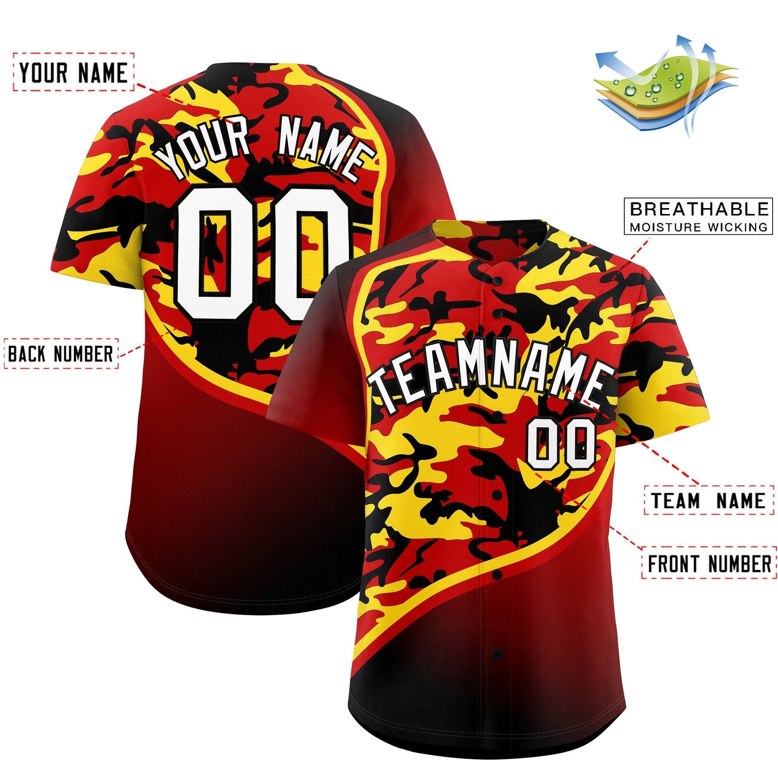 Custom Red Gold Black Camo Gradient Fashion Baseball Jersey | Perfect for Training,Sublimation Printed & Stitched,Add Name and Numbern,Perfect for Teams | KXKSHOP