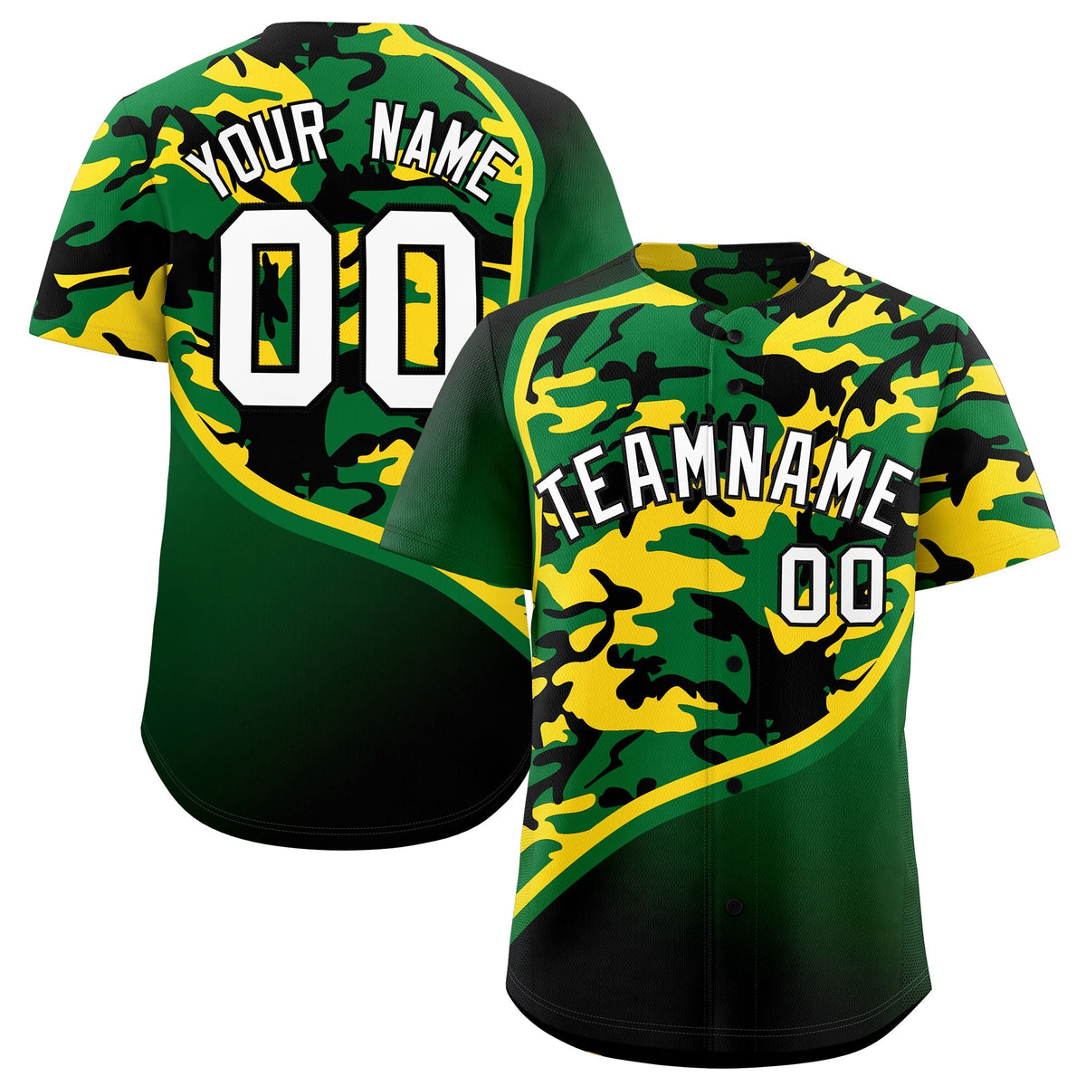 Custom Kelly Green Gold Black Camo Gradient Fashion Baseball Jersey | Perfect for Training,Sublimation Printed &amp; Stitched,Add Name and Numbern,Perfect for Teams | KXKSHOP