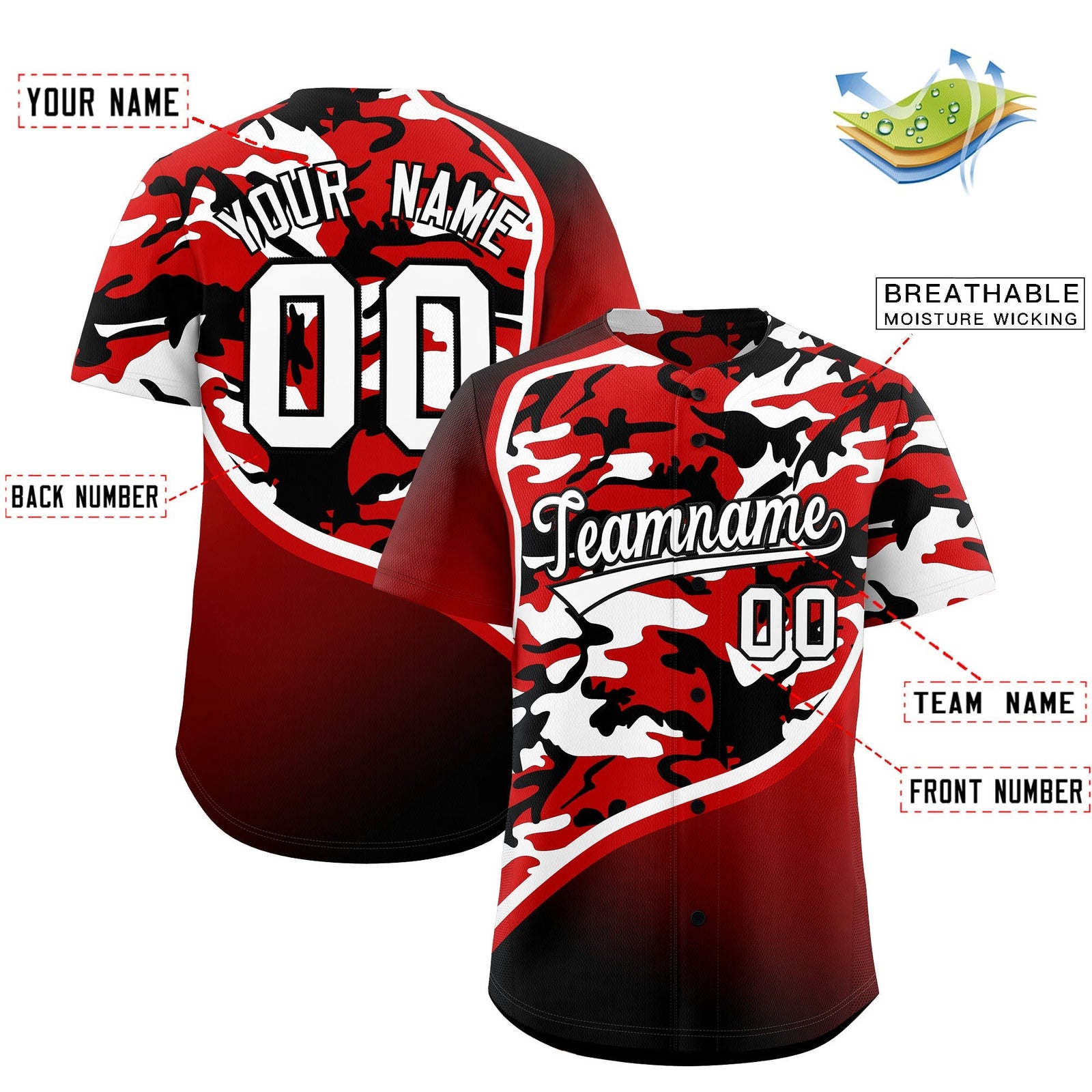 Custom Black White Red Camo Gradient Fashion Baseball Jersey | Perfect for Training,Sublimation Printed & Stitched,Add Name and Numbern,Perfect for Teams | KXKSHOP
