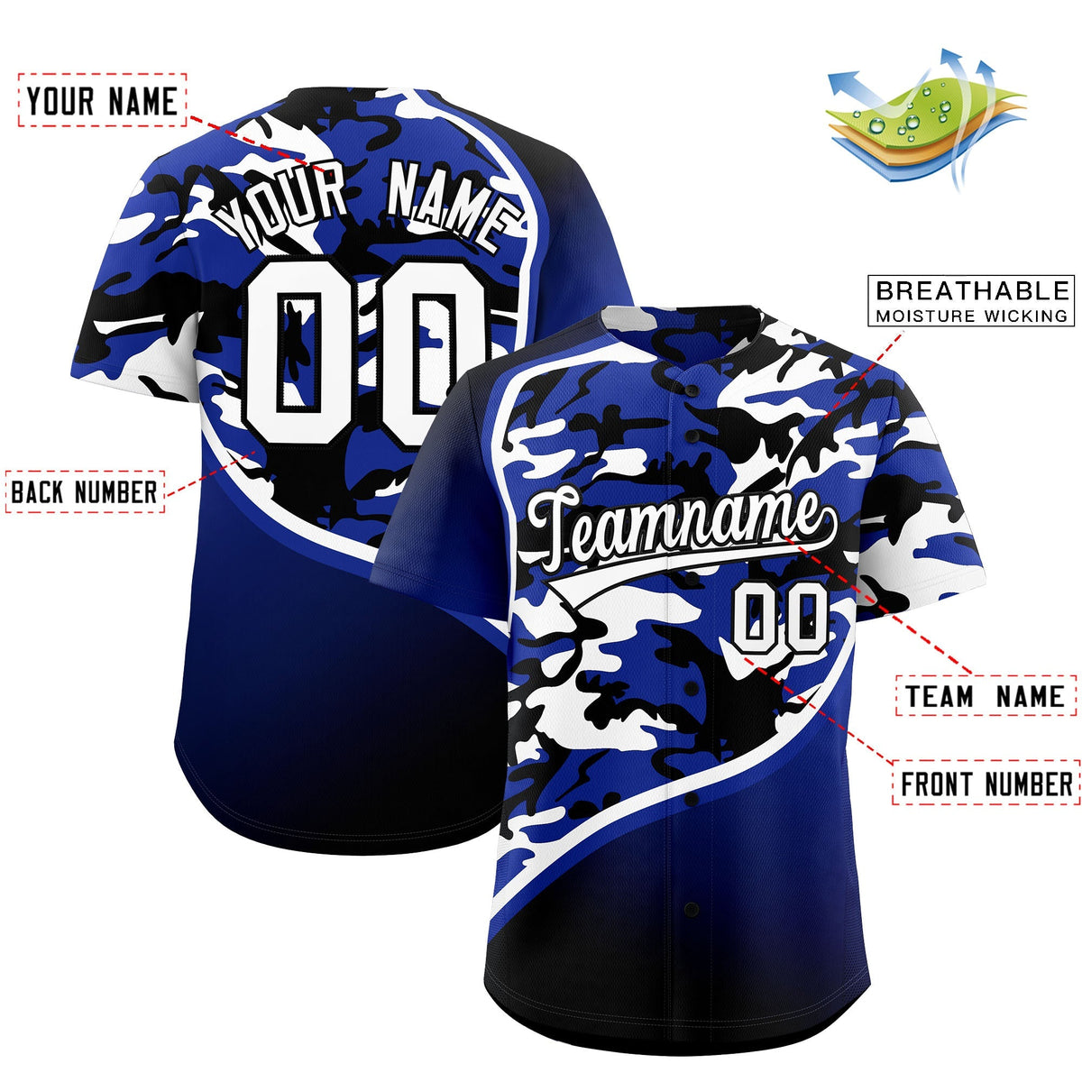 Custom Royal Blue Black White Camo Gradient Fashion Baseball Jersey | Perfect for Training,Sublimation Printed & Stitched,Add Name and Numbern,Perfect for Teams | KXKSHOP