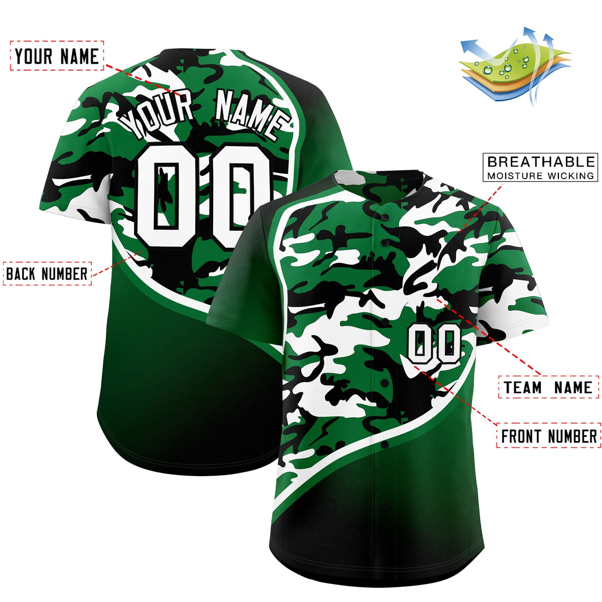 Custom Kelly Green White Black Camo Gradient Fashion Baseball Jersey | Perfect for Training,Sublimation Printed &amp; Stitched,Add Name and Numbern,Perfect for Teams | KXKSHOP