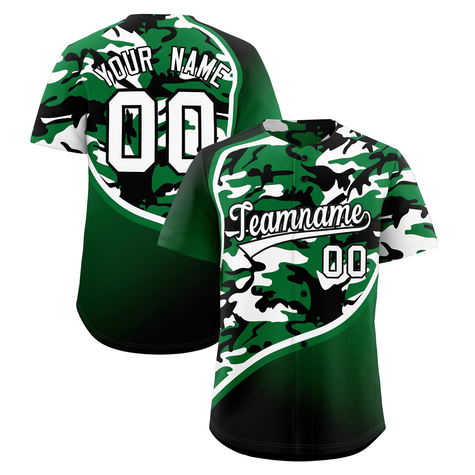 Custom Kelly Green White Black Camo Gradient Fashion Baseball Jersey