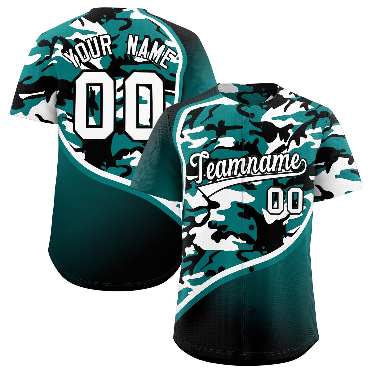 Custom Teal Black White Camo Gradient Fashion Baseball Jersey | Perfect for Training,Sublimation Printed &amp; Stitched,Add Name and Numbern,Perfect for Teams | KXKSHOP